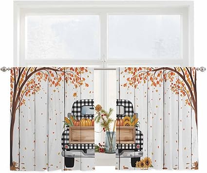 Fall Truck Sheer Curtains 45 Inch Length, Thanksgiving Tree Maple Leaf Pumpkins Vintage Rod Pocket Window Treatments for Living Room Bedroom, Light Filtering Privacy Chiffon 2 Panels Drapes, 52"WX45"L