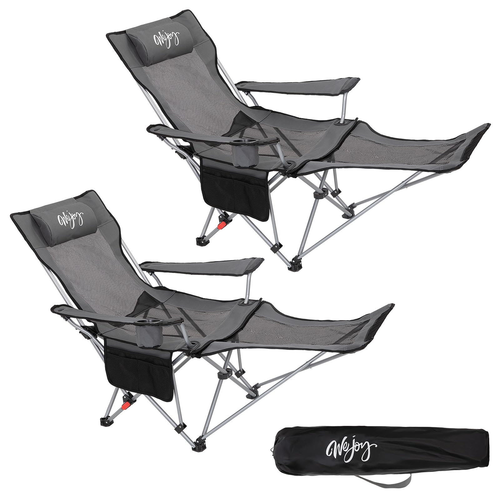 #WEJOY Set di 2 Sedia da Campeggio Pieghevole Reclinabile, Sedia Sdraio da Spiaggia Portatile, Schienale Regolabile, Poggiapiedi Staccabile, Sedia Pieghevole per Esterno Giardino Pesca, Grigio Scuro