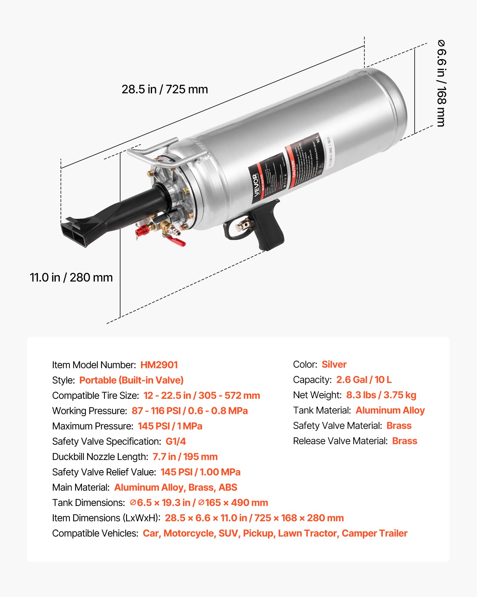 VEVOR Gonfiatore Portatile per Pneumatici, 10 L, Pressione di Esercizio 0,6 a 0,8 MPa, Gonfiatore a Grilletto per Tallone del Pneumatico, per Auto, SUV, Camion, Bici Elettriche, Camper, ATV