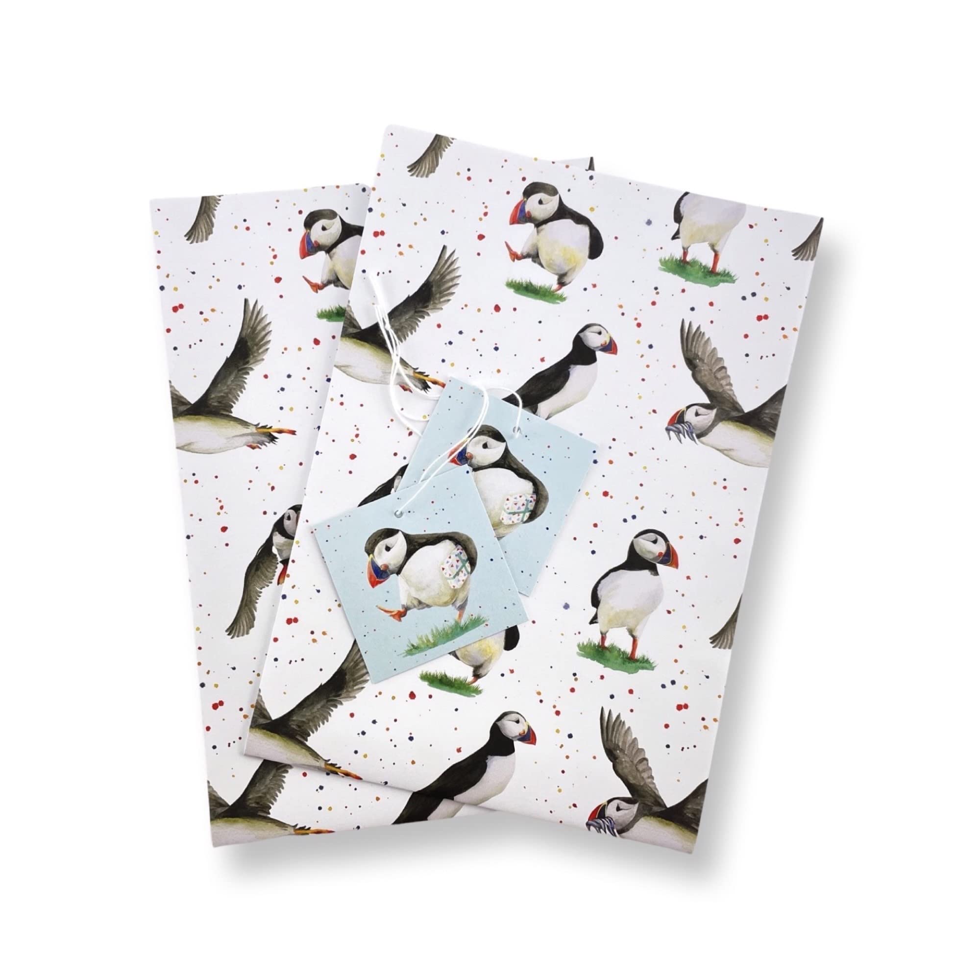 The Arty PenguinPuffin Puffins Birds Recycled Gift Wrapping Paper, 2 Sheets and 2 Tags