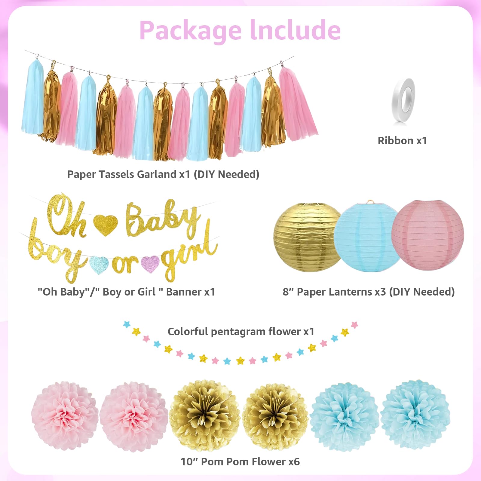 Baby Gender Reveal Decorations?Party Supplies Kit Blue Pink, Boy or Girl Banner, Tissue Paper Poms, Paper Lanterns, star garland, Tassels Garland- Gender Reveal Boy Or Girl