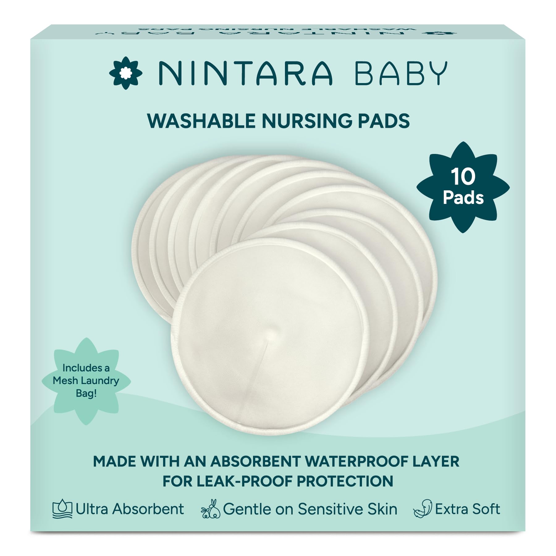 Nintara Baby Reusable Nursing Pads – 4-Layer Organic Bamboo Cotton, Ultra-Soft, Absorbent & Leak-Proof, Contoured Comfort Fit, Pack of 10 with Laundry Bag