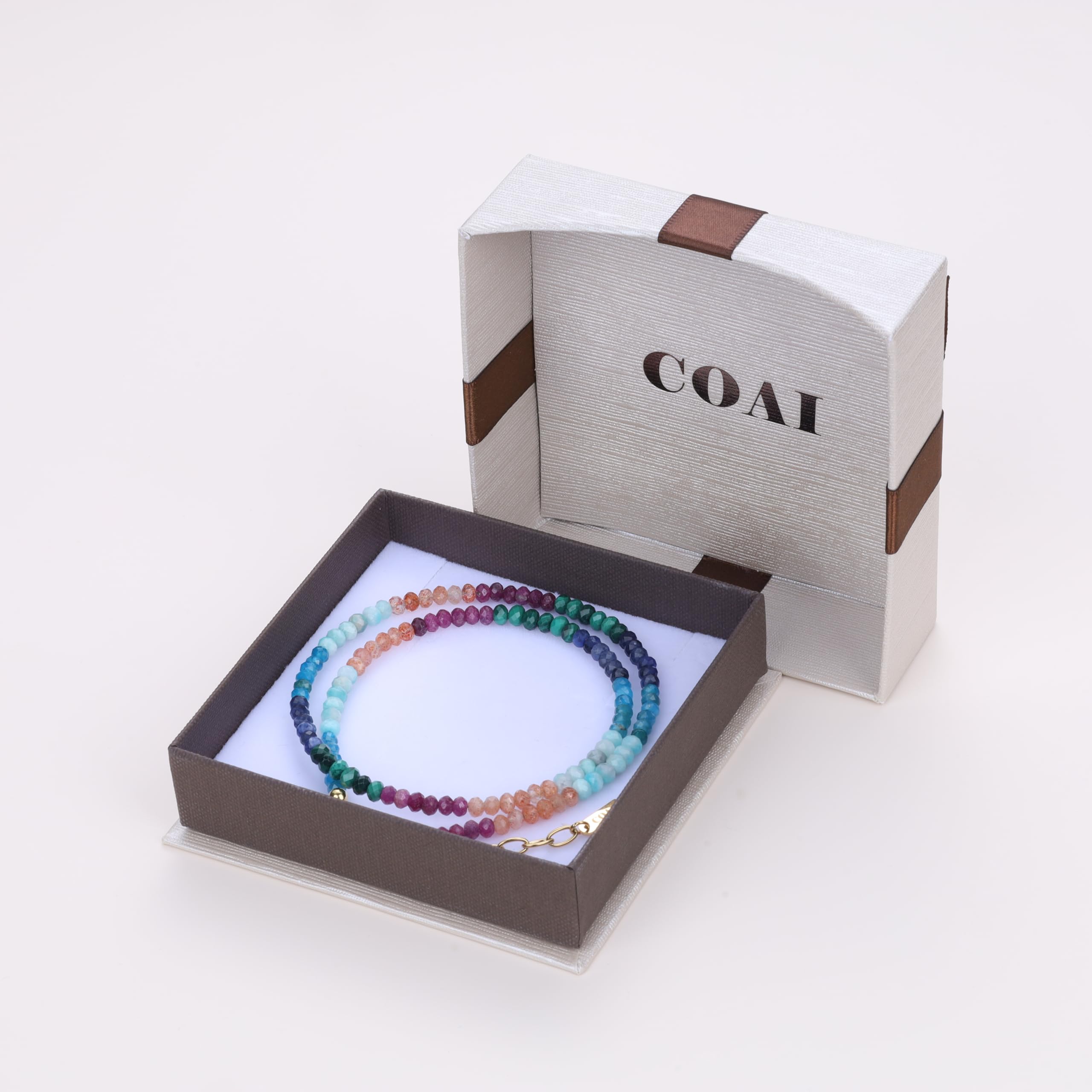 COAI Collana da Donna di Perline di Pietre Naturali Arcobaleno, Collana Colorata da Donna con Pietre Chakra con Bracciale Abbinato