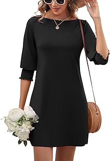 Womens Summer Mini Dresses Boatneck 3/4 Puff Sleeve Floral T Shirt Dress with Pockets Boho Dresses Fashion Trendy 2025 - Buy now