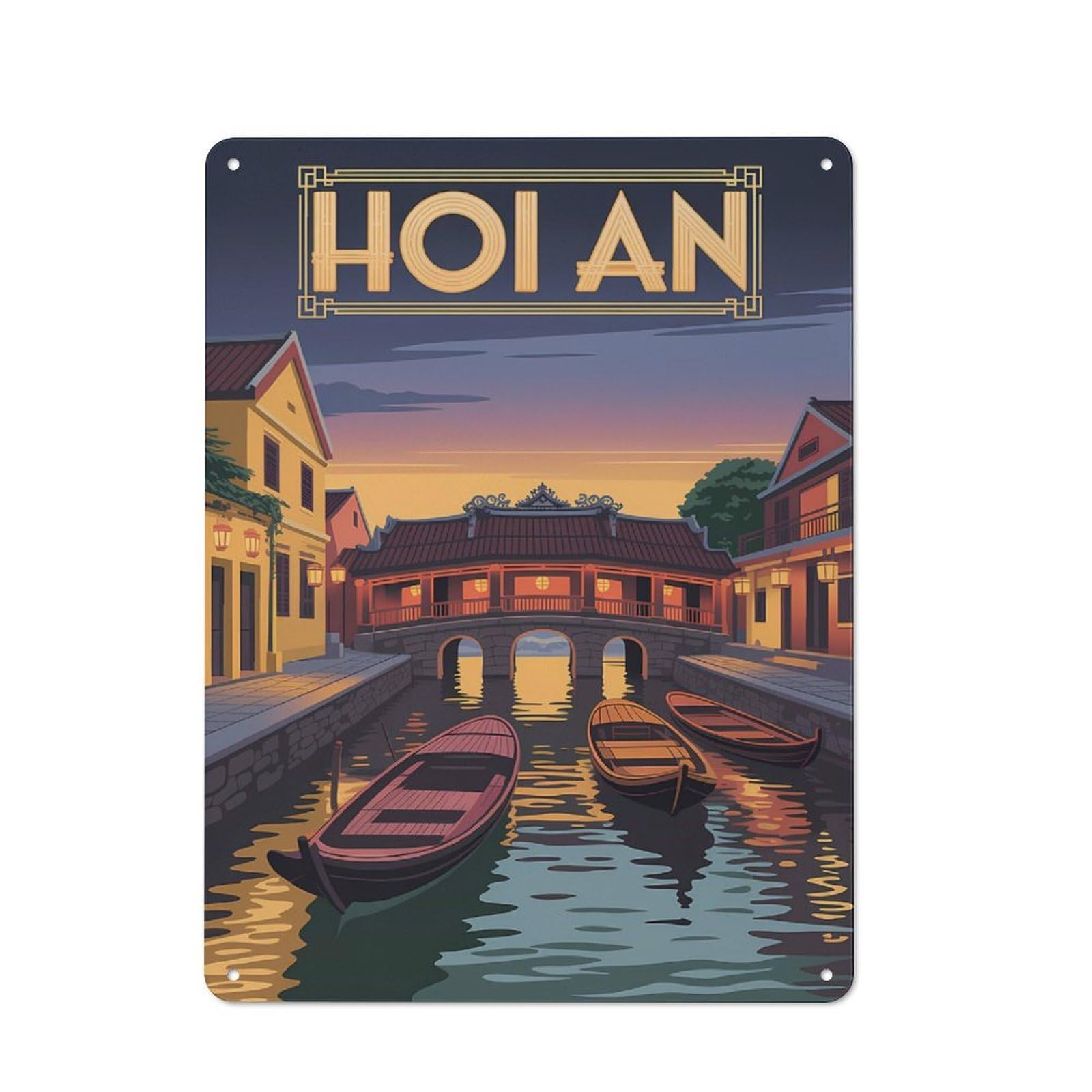 Hoi An Vietnam Travel Warehouse Style Metal Wall Decor 40x30cm, Metal Wall Sign for Workspace, Cafe, Hallway Or Garage