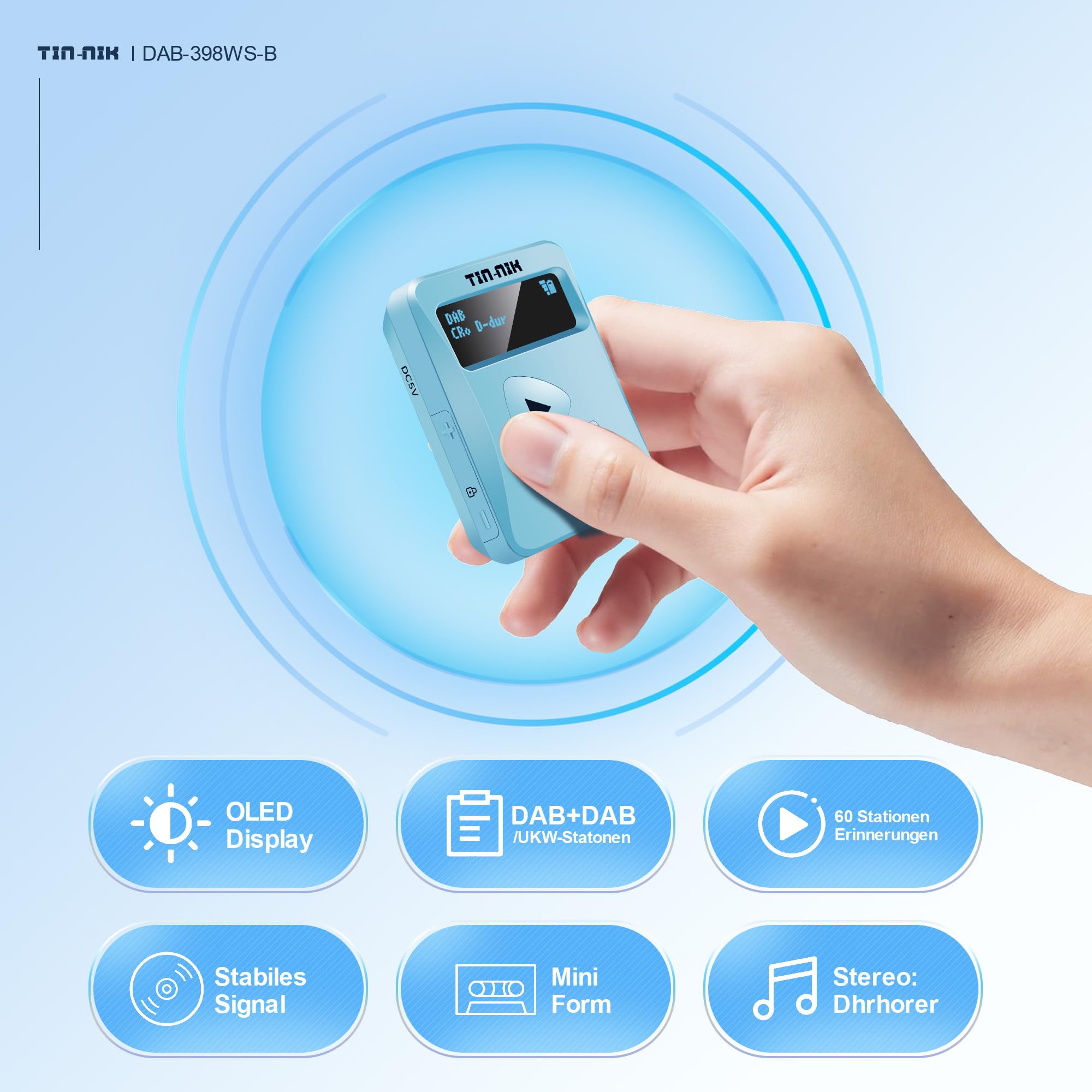 Tin-Nik DAB-398WS-SB Radio portable DAB/DAB+/FM, mini radio de poche numérique RDS-FM avec batterie rechargeable, écouteurs, choix de petits et grands