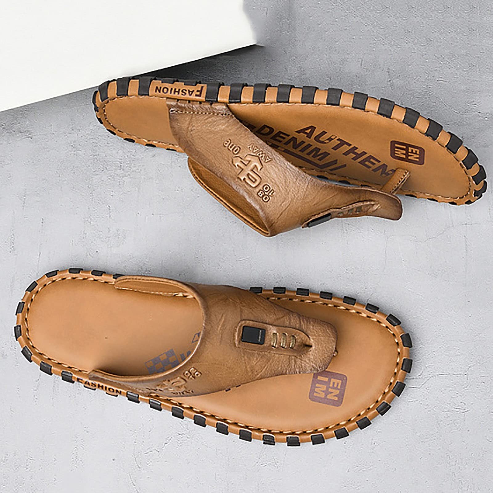 G&F Spiaggia Infradito Uomo Estate Pelle Punta Clip Sandali All'aperto Anti Scivolo Pantofole Piatte (Color : Khaki, Size : 40)