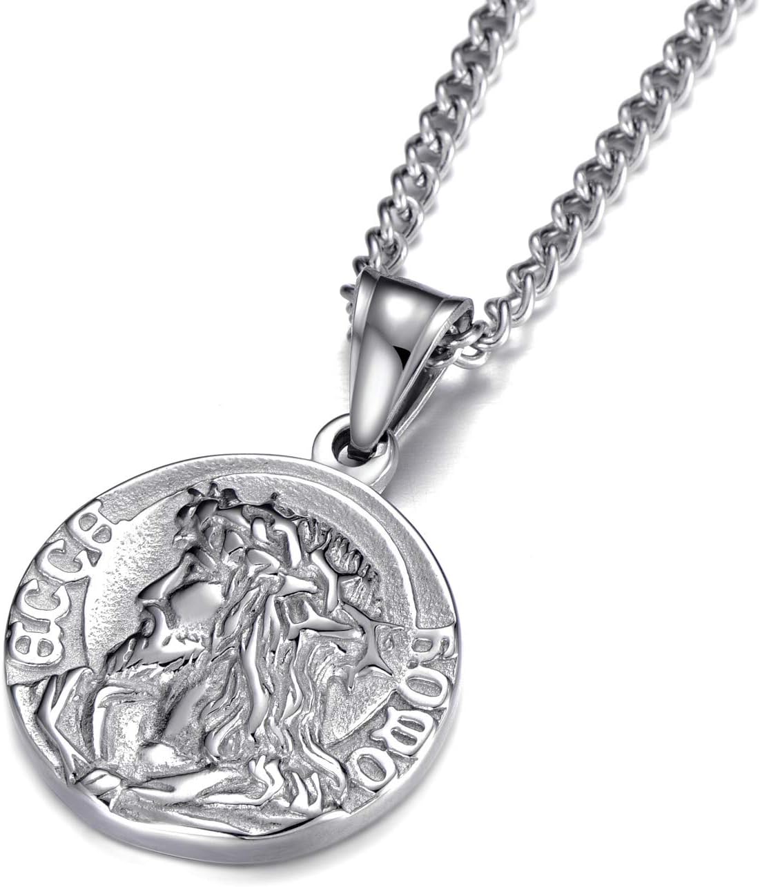 Stainless Steel Jesus Christ Medallion Necklace for Men, Crown of Thorns Pendant with Engraved Serenity Prayer, Religious Christian Jewelry Faith Gift, Round Coin with 22+2 Inch Adjustable Chain