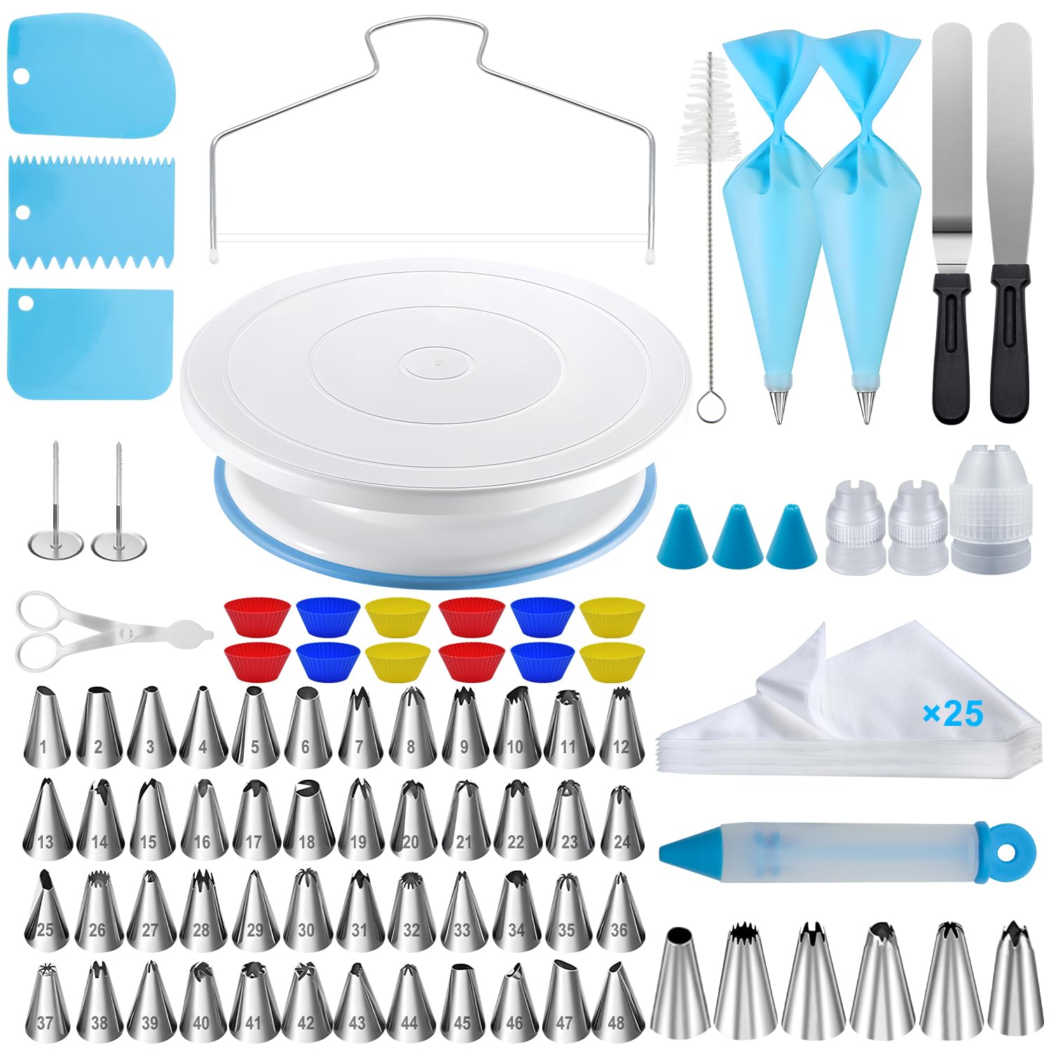 112Pcs Cake Decorating Supplies Kit, Included Cake Turntable, Cake Leveler, 54 Numbered Icing Piping Tips, 2 Spatulas, 3 Scraper, 30+2 Piping Bags, Mother's Day Gift Ideas