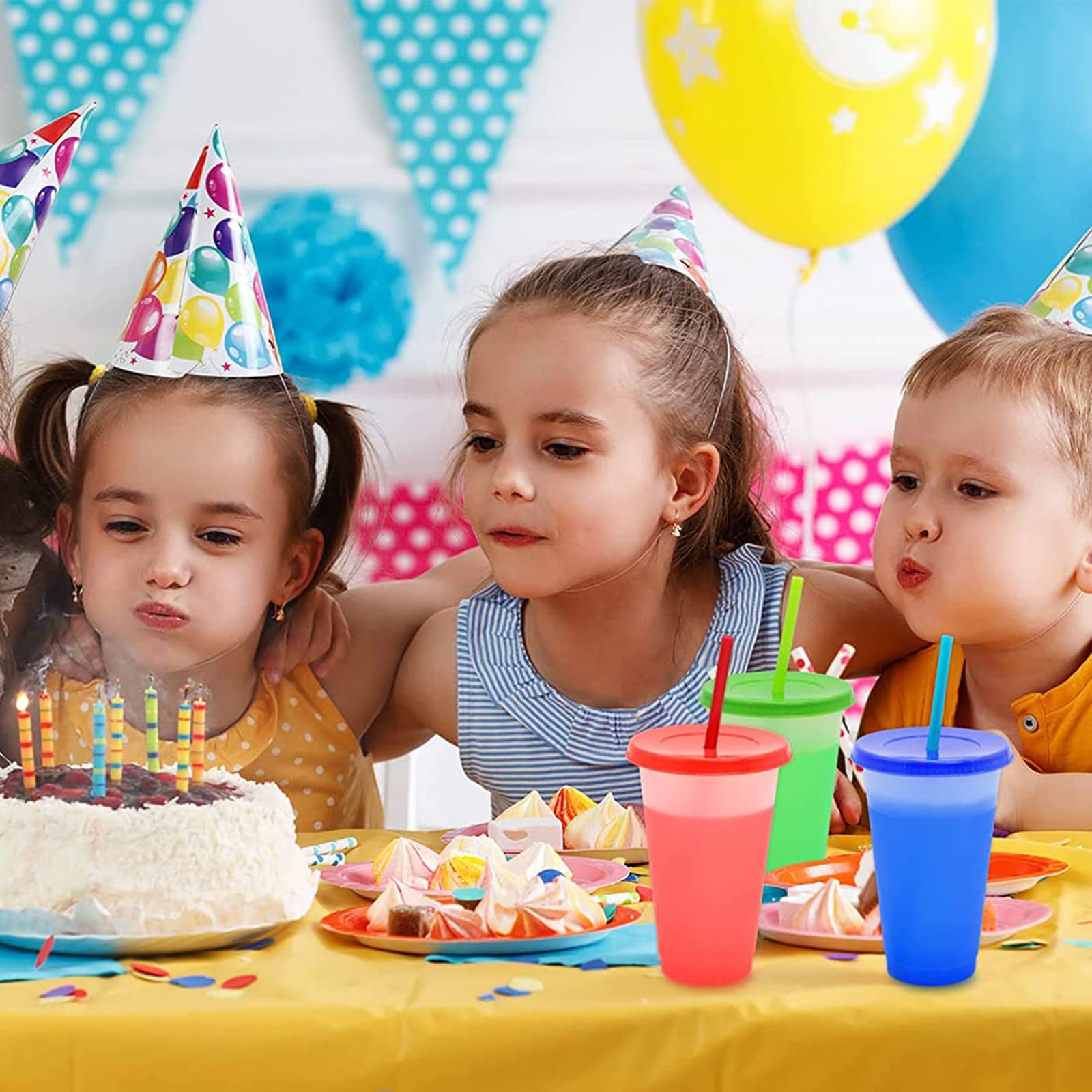PALUDO 10 Kawałków Plastikowe Kubki Wielokrotnego Użytku z Pokrywkami i Słomkami, 710 ml Zmieniające Kolor Kubki Podróżny, Kubki do Picia dla Dzieci Dorośli Sok Smoothie Kawa Lodowa Zimne Picie