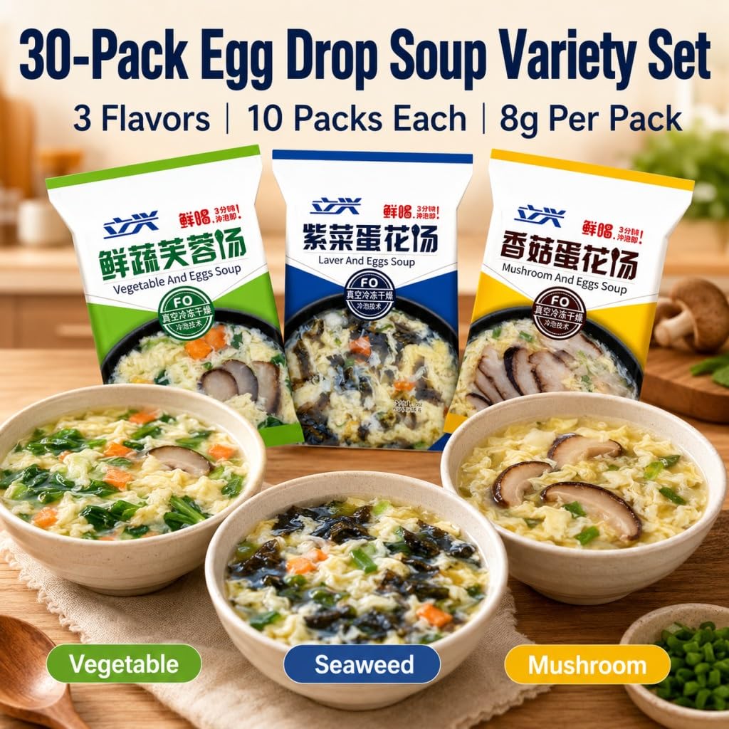 Paquete De 30 Mezclas Sopa Instantánea: Huevo Verduras, Algas Y Champiñones, Liofilizado, Fácil Preparación, 3 Sabores