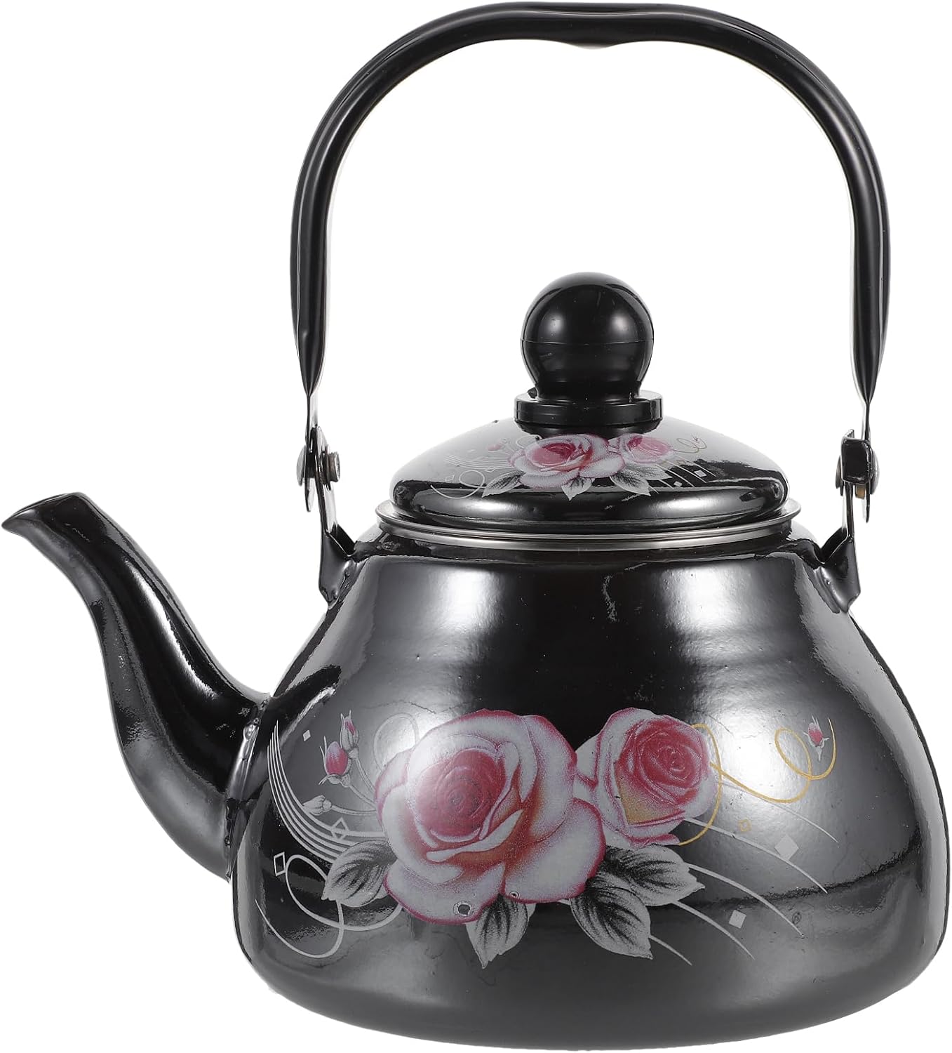 BESPORTBLE Vintage Enamel Tea Kettle, 1L Floral Enamel on Steel Stovetop Water Kettle Coffee Pot with Ceramic Cool Handle for Home Kitchen Decor New Year C