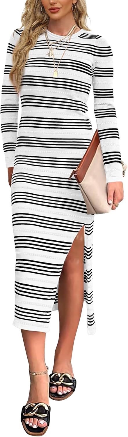 WIHOLL Womens Lightweight Knit Spring Sweater Dress Long Sleeve Fitted Side Slit Soft Dresses 2025