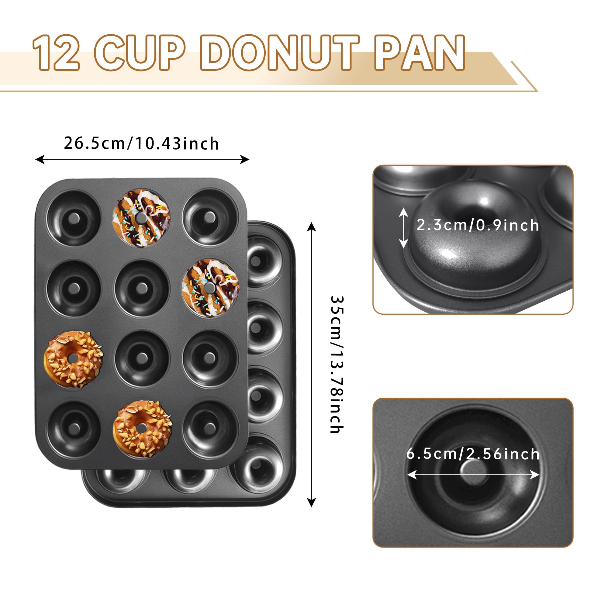 2 moldes para donas para hornear, bandeja antiadherente para donas de 12 cavidades, bandejas de acero al carbono para mini bagels y pasteles, donas para hornear horno (negro) 3