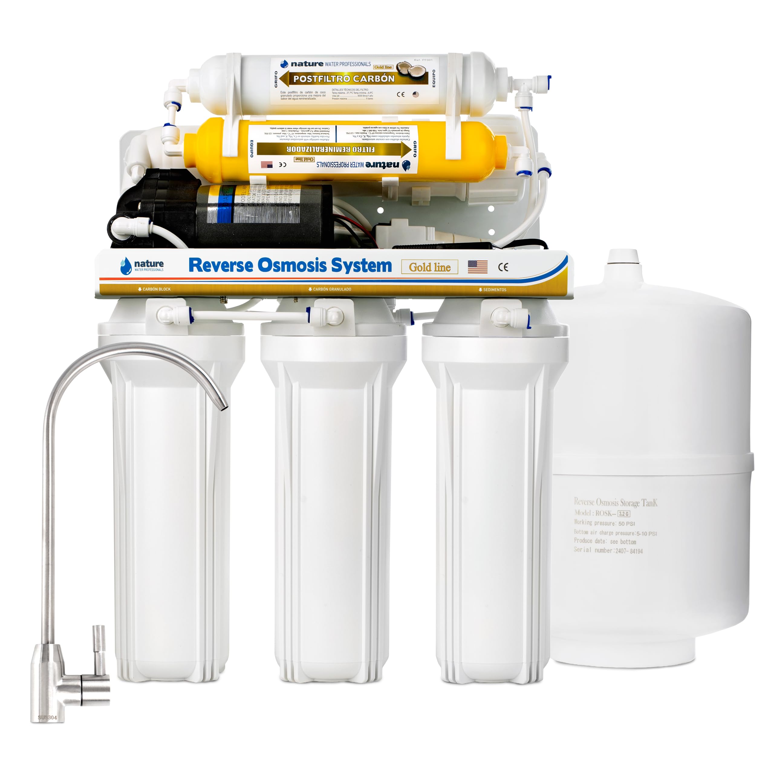 Equipo de Osmosis Inversa - Kit para Osmosis de 6 Etapas - Capacidad para 5 L - Incluye Membrana Vontron de 50GPD, Bomba y Filtros - Nature Water Professionals