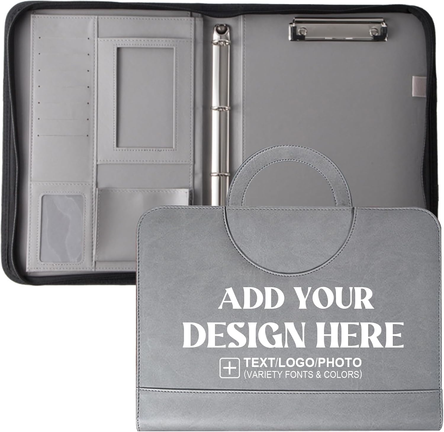 Customizable Leather Padfolio - Personalized Zip-Around Portfolio with Handle and Clipboard, 4-Ring Binder - Add Your Logo or Name - Handmade Gift for Men & Women, Grey