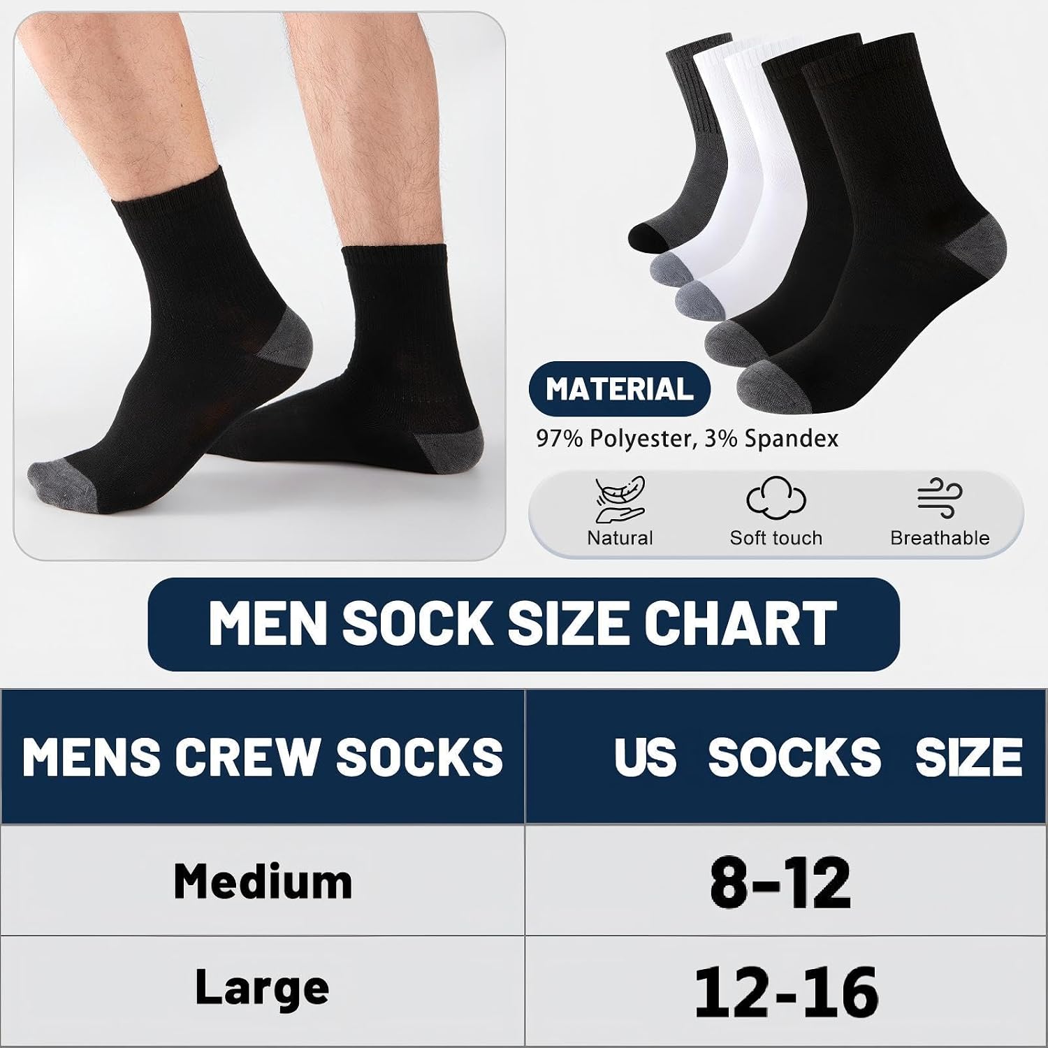 20 Pairs Mens Crew Socks - Breathable Thin Quarter Socks for Men Size 8-12/12-16, Casual Bulk Value Pack