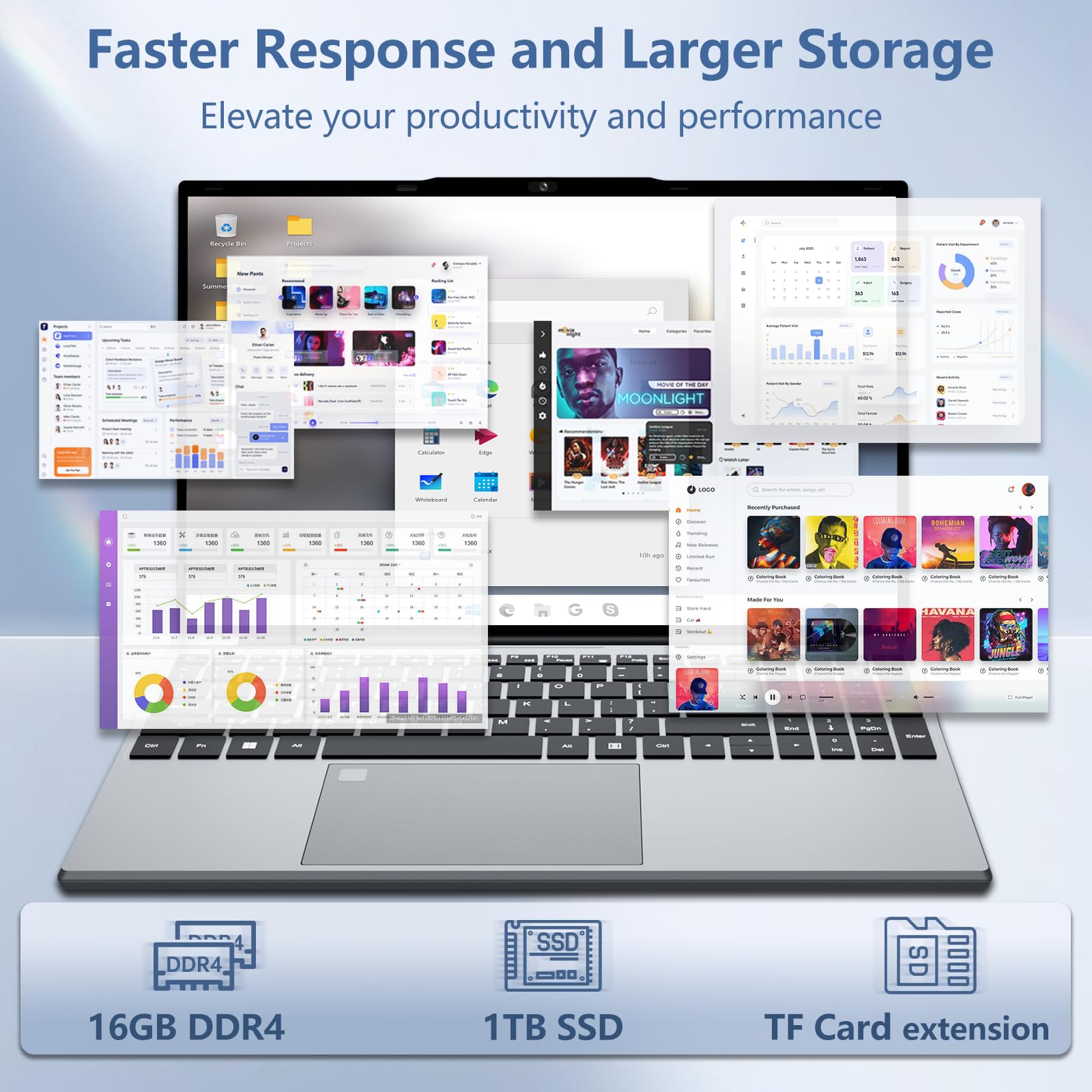Ordinateur Portable 15,6 Pouces avec Celeron N150 CPU, Win 11 PC Portable 16Go RAM DDR4 1To SSD, Laptop 1080P Écran Clavier Rétroéclairé/Déverrouillage Empreinte Digitale WiFi5 HDMI USB3.0 BT4.2