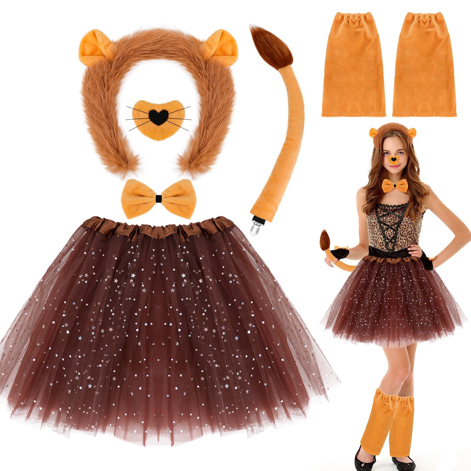 Dreamtop 7 PCS Lion Costume Kits Includes Brown Lion Ears Headband Tail Nose Bowtie Tutu and Leg Warmers for Adult Lion Cosplay Halloween Carnival Party Dress Up Supplies