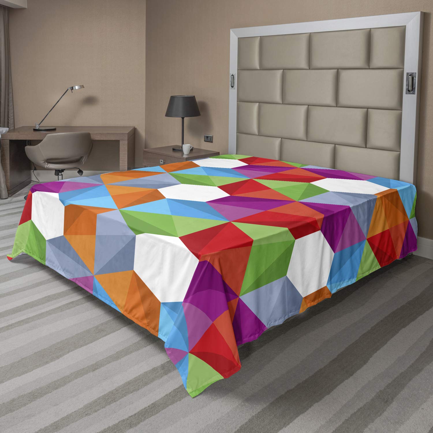 Ambesonne Geometric Flat Sheet, Colorful Retro Geometric Triangle and Polygonal Mosaic Pattern Interior Design, Soft Comfortable Top Sheet Decorative Bedding 1 Piece, King Size, Multicolor