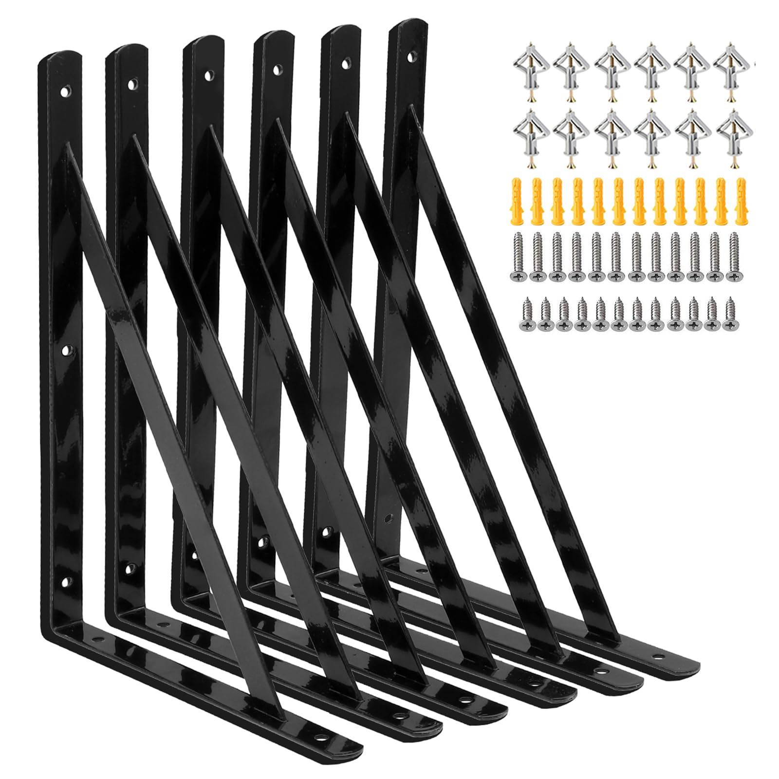 Heavy Duty Shelf Brackets 12 x 8 inch, 6 Pack Wall Shelf Brackets with 90 Degree Triangle, Black Metal L Brackets, Shelves L Brackets(300x190mm)