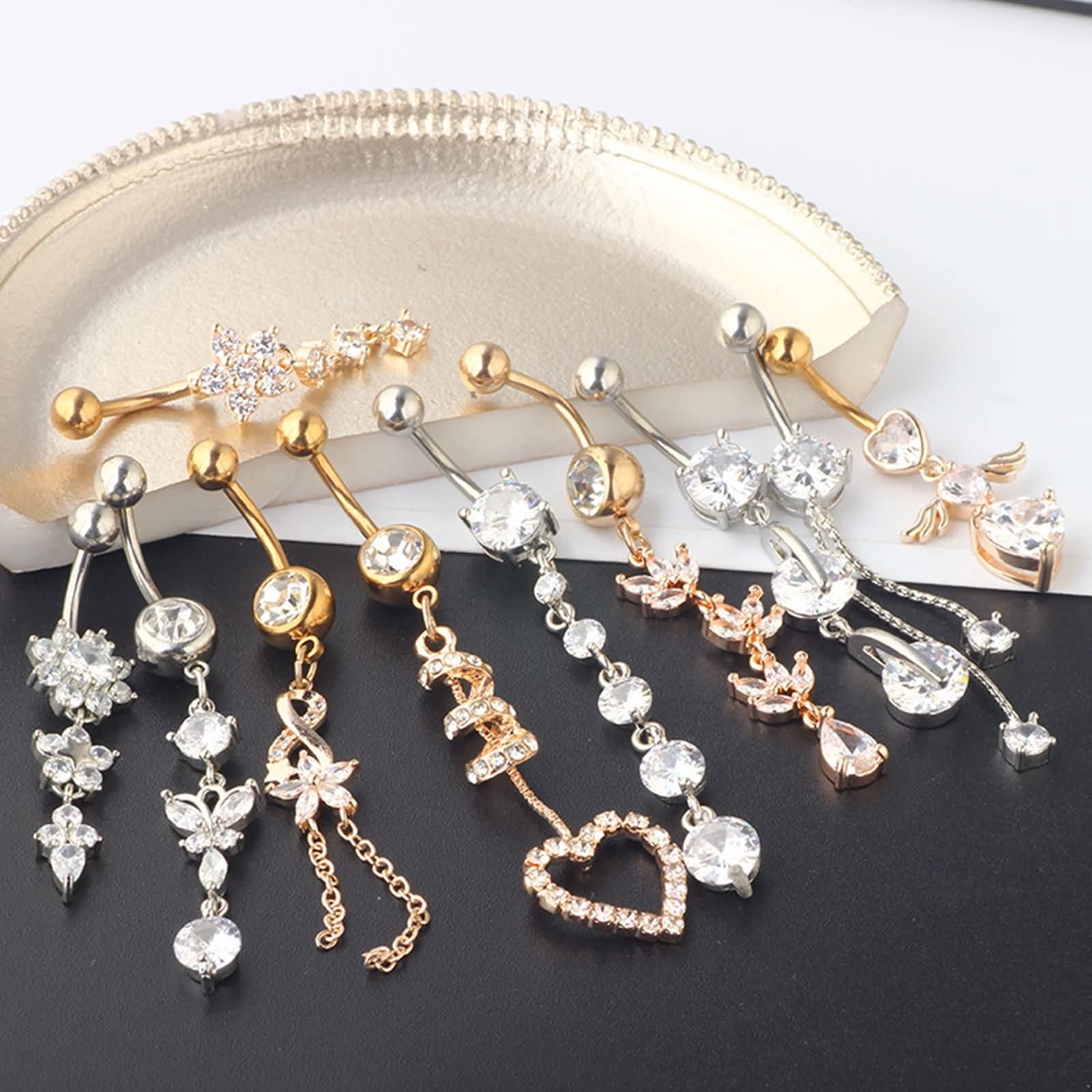 Daesar Piercing Ombligo 1.6mm Barra,10 Piezas Piercing Ombligo Piercing Ombligo de Acero Inoxidable Flor Corazón y Redondo Circonita Blanca Piercing del Ombligo Plata Oro Rosa