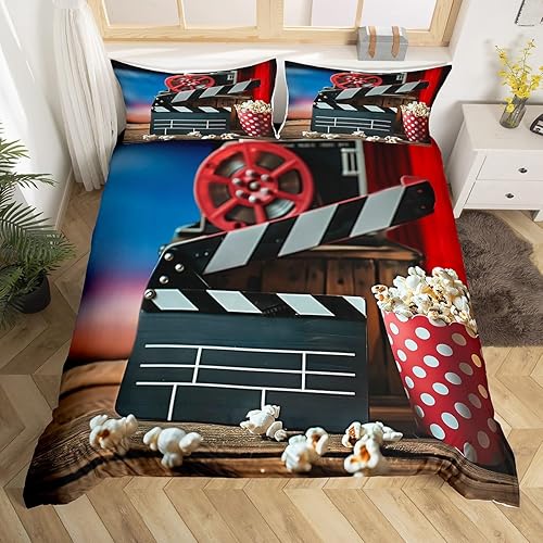 Juego de funda de edredón con temática de película, escenas de cine, palomitas de maíz, para niños y niñas, funda de edredón de película retro