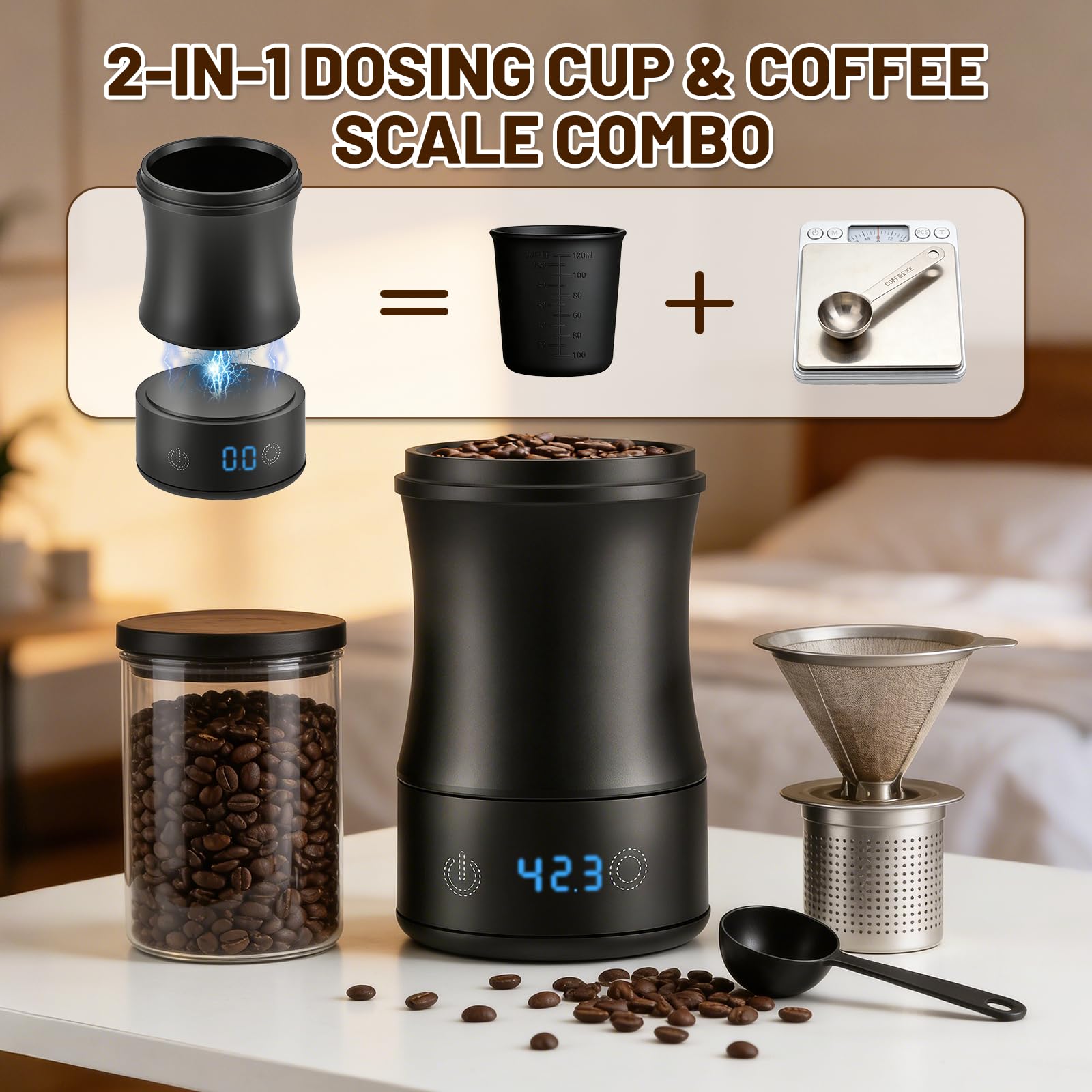 Bilancia da Caffè Espresso – Coffee Scale con Doseur 53 mm, Bilancia Digitale Ricaricabile USB‑C, Precisione 0,1 g / 500 g, Design Split, Accessorio Barista Compatto per Professionisti e Appassionati
