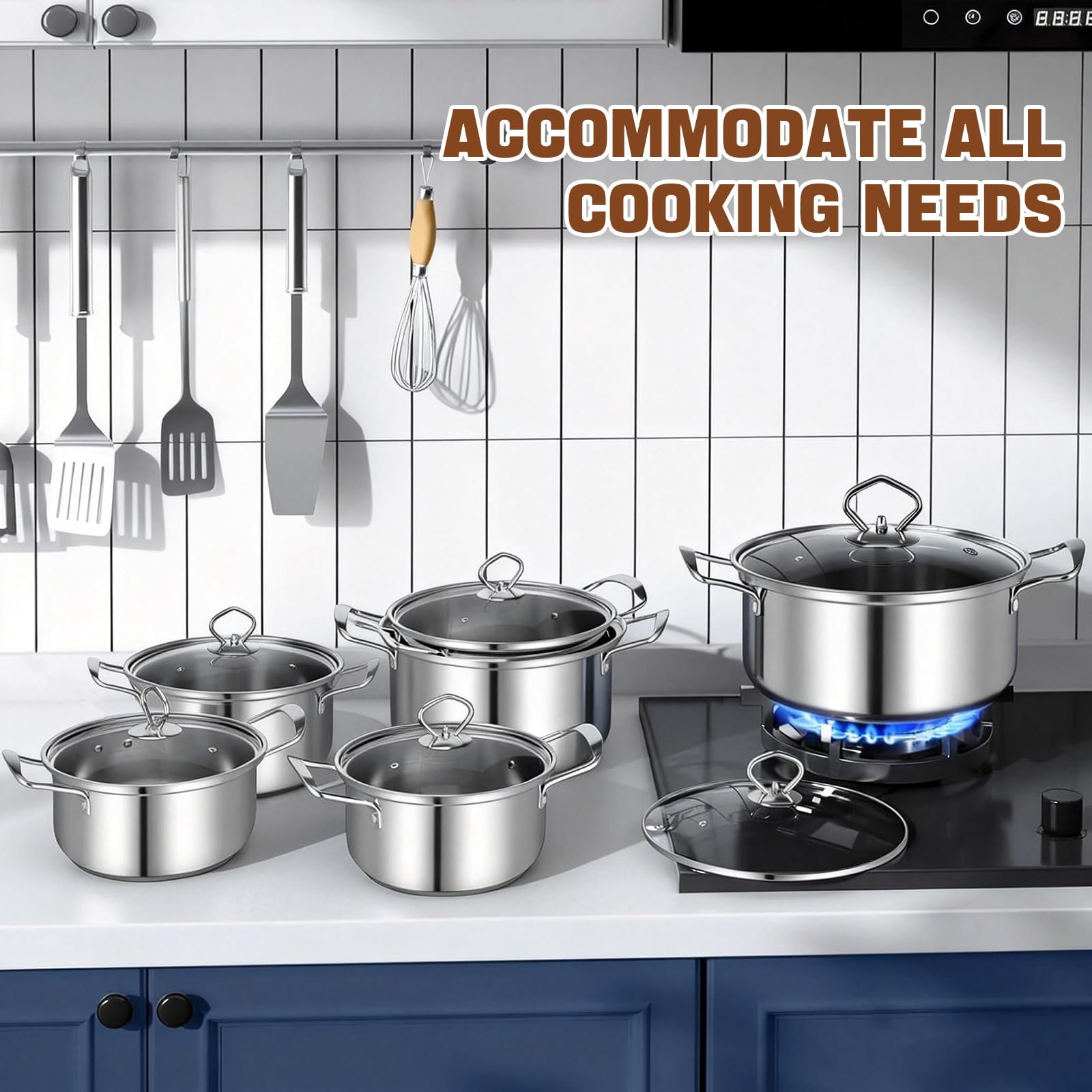 Lot de 10 Casseroles Inox avec Couvercles en Verre - Batterie de Cuisine Professionnelle - Sans Revêtement Antiadhésif - Compatible Induction, Gaz et Electrique - Ustensiles de Cuisson Tout Feux
