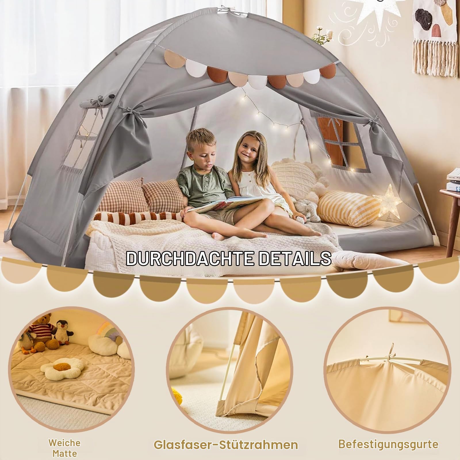 Spielzelt Kinder Indoor, Spielhaus Kinder mit Flaggen, Maschinenwaschbar Tippi Kinderzelt ab 3 Jahren FüR Kinderzimmer, Spielzimmer, Party, Schneller Aufbau (Grau (195 x 98 x 125 cm))