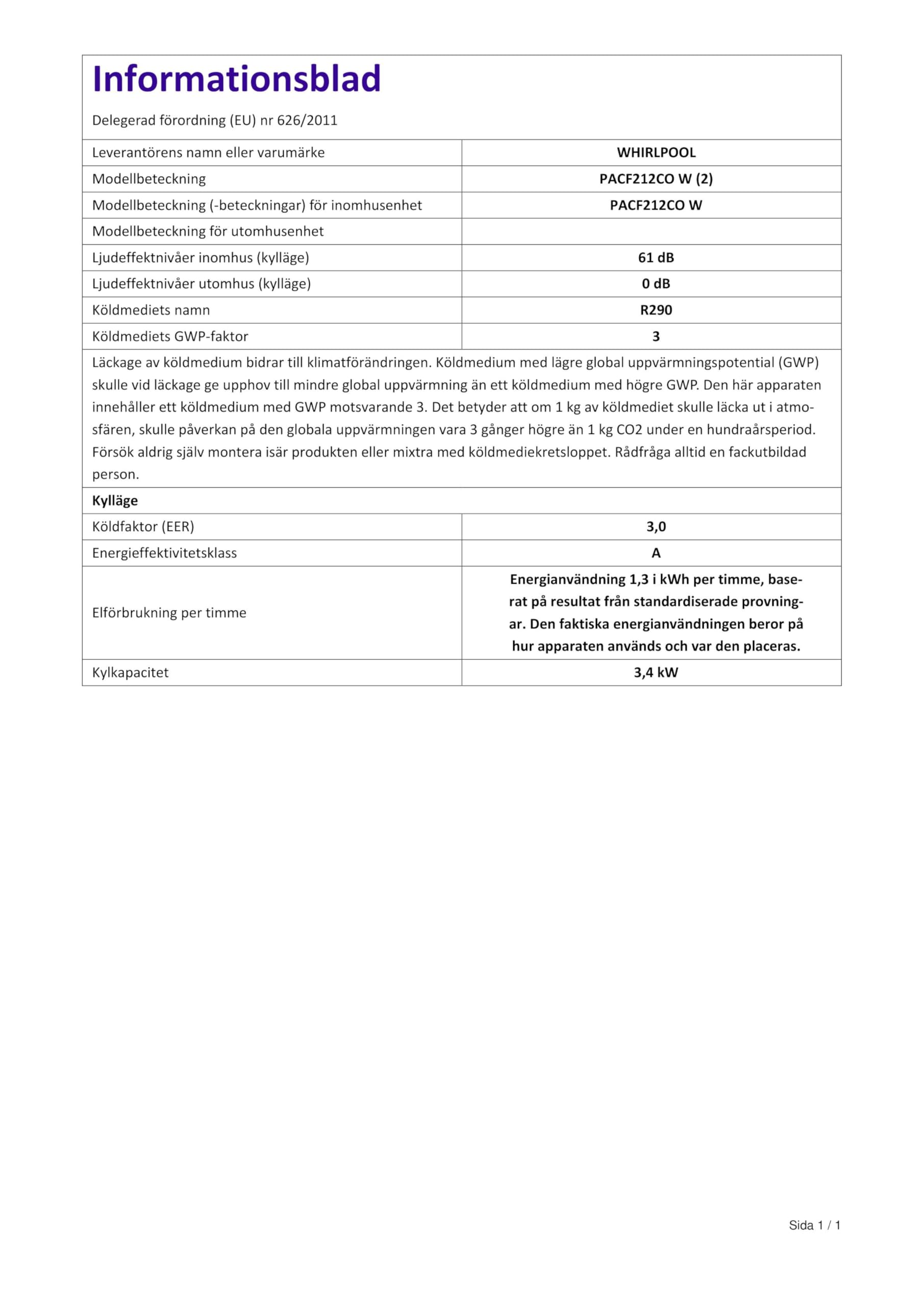 Whirlpool PACF212CO W Condizionatore