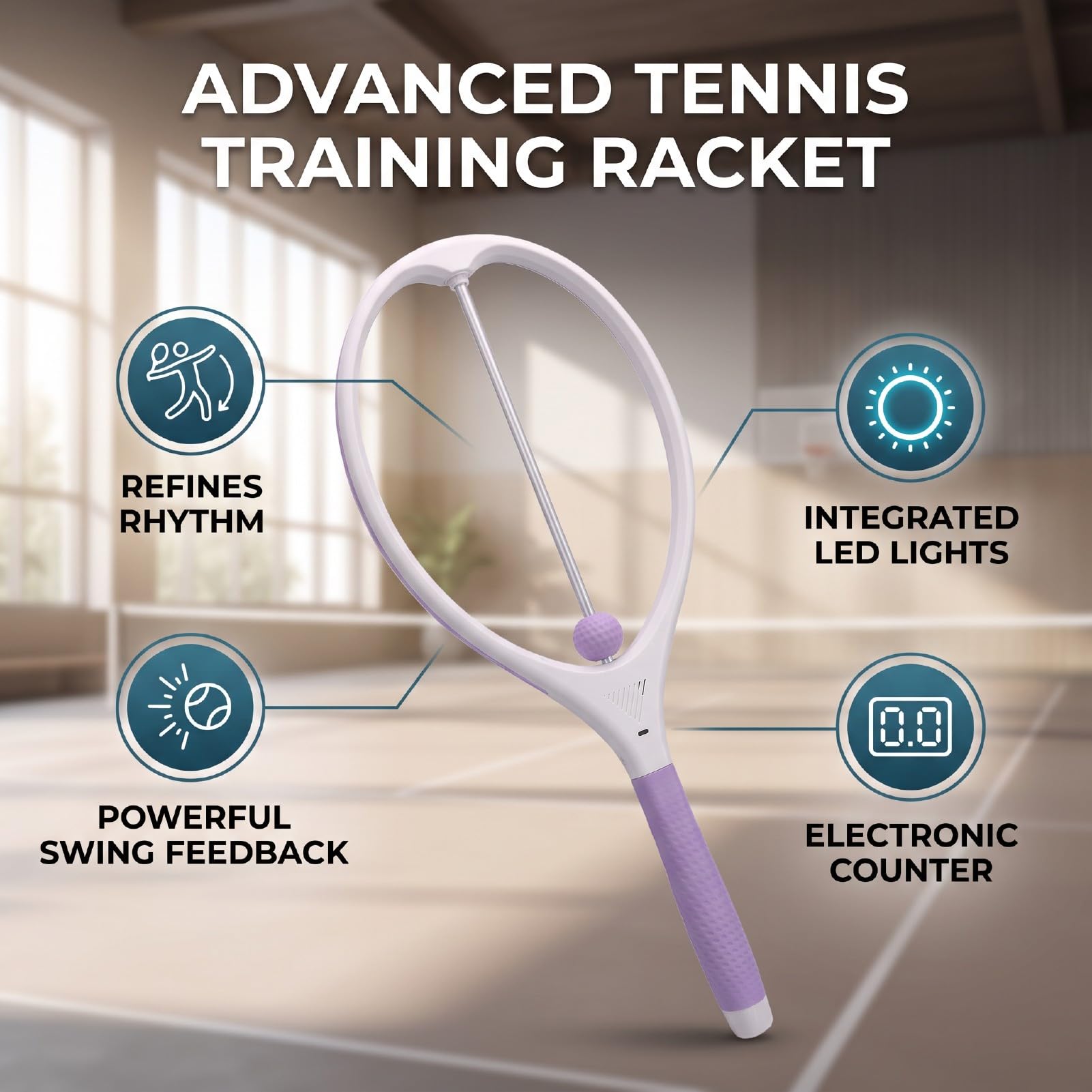 Racchetta da Allenamento Tennis con Luce LED, 70cm, per Esercizi | Design compatto, Contatore elettronico, Ideale per la pratica solista