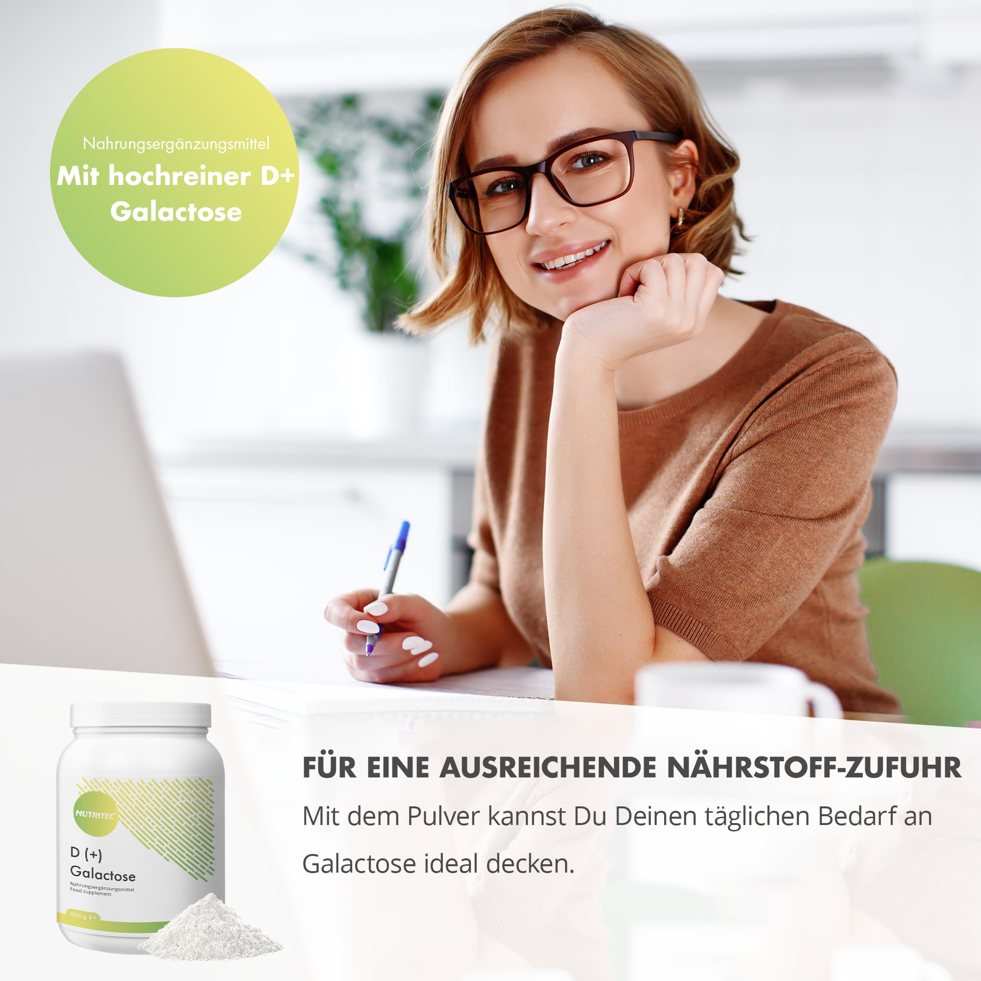 D+ Galactose Pulver 1000 g - Deutsche Qualität, hochrein > 99% ohne Zusätze & Gentechnik, vegetarisch, mit Messlöffel - Schleimzucker, Einfachzucker | Nutritec