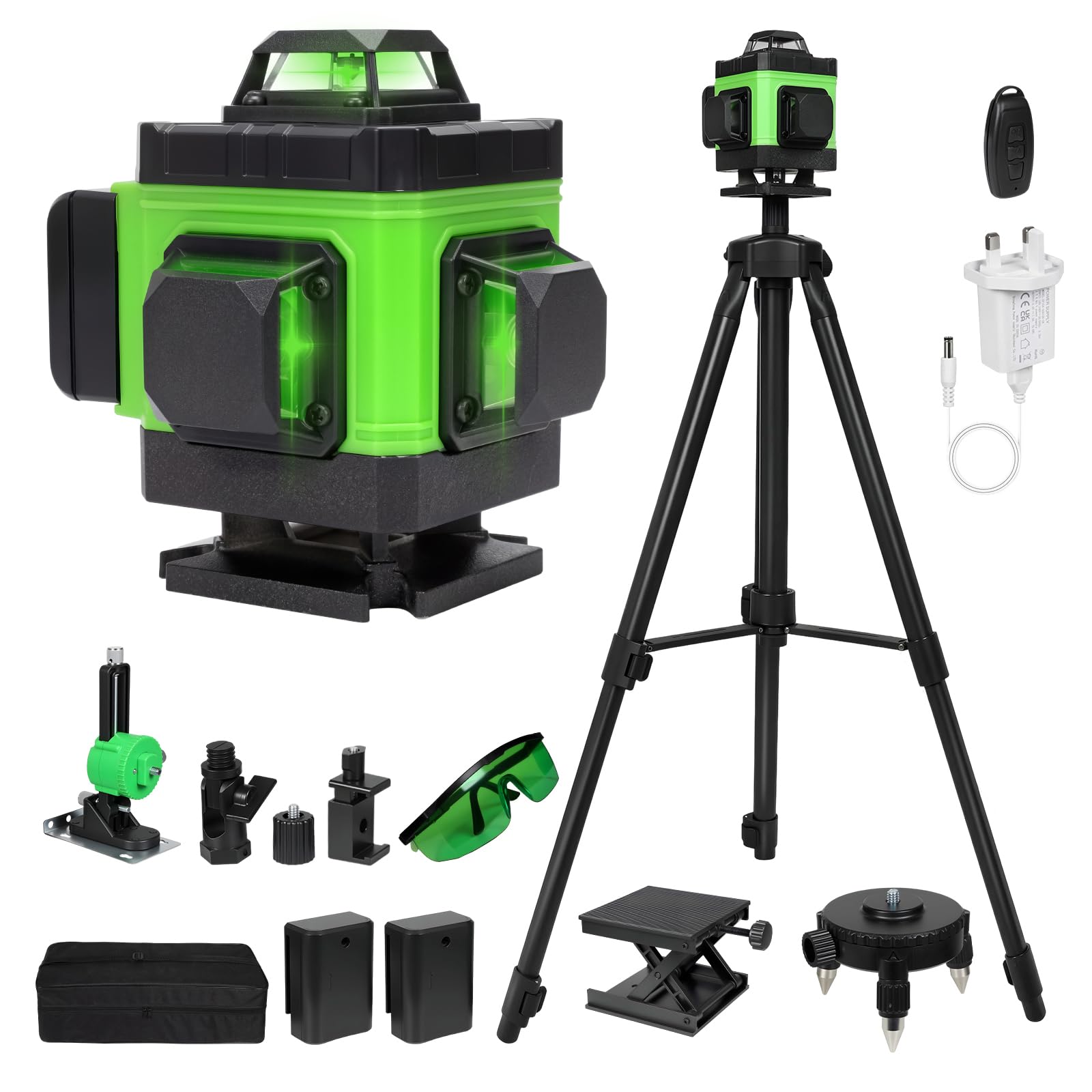 Traderight Green Laser Level Self Leveling With Tripod, 4D X 360° Laser Level With 2 X 2400Mah Batteries, Brightness Adjustable 16 Lines Lazer Leveler Tool With Remote Control, Swivel Base And Wall Bracket
