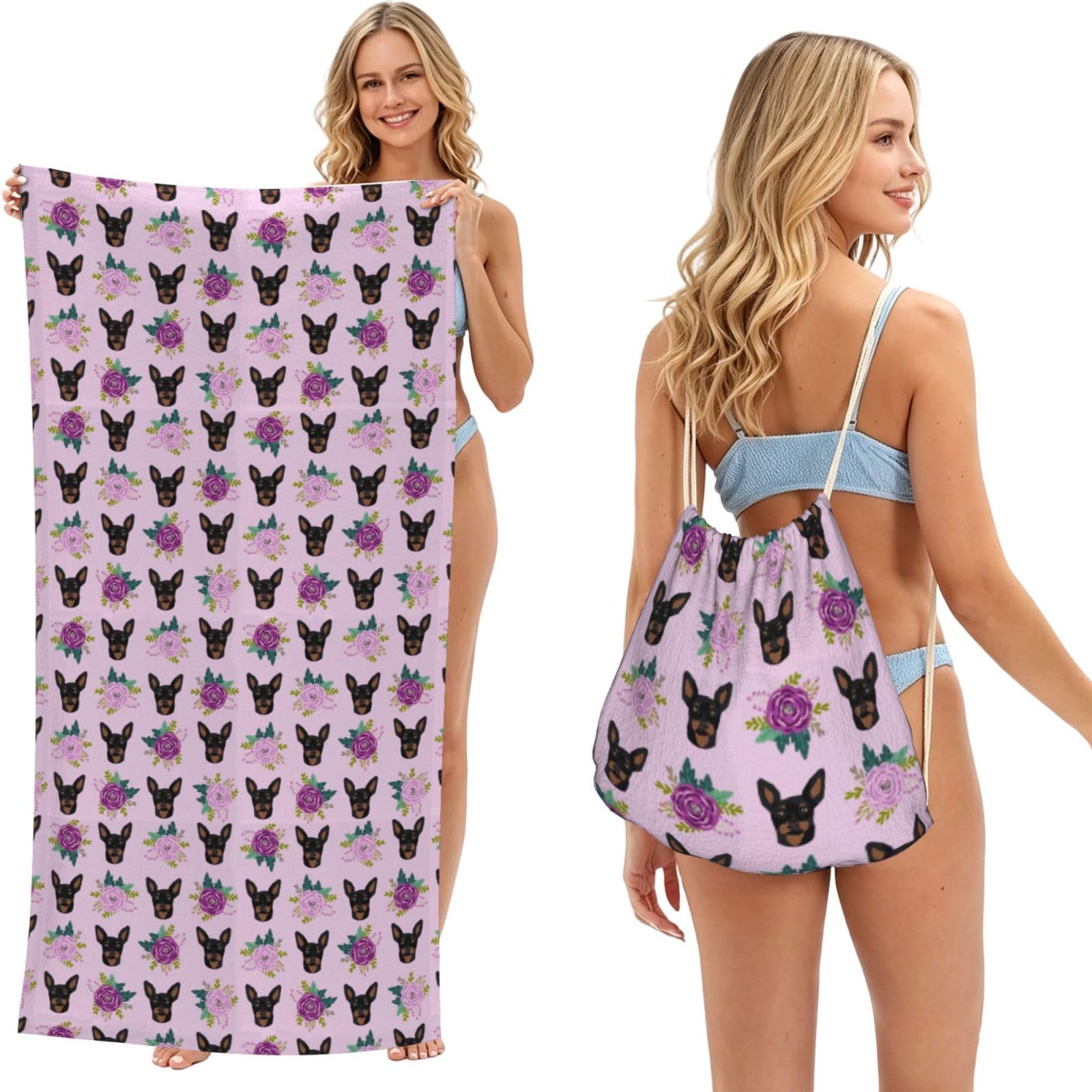 Poadnly As Picture Miniature Pinscher Lavender Florals, 2 In 1 Packable Towel Bag, Beach Towels With Drawstring Backpack For Travel Holiday Camping