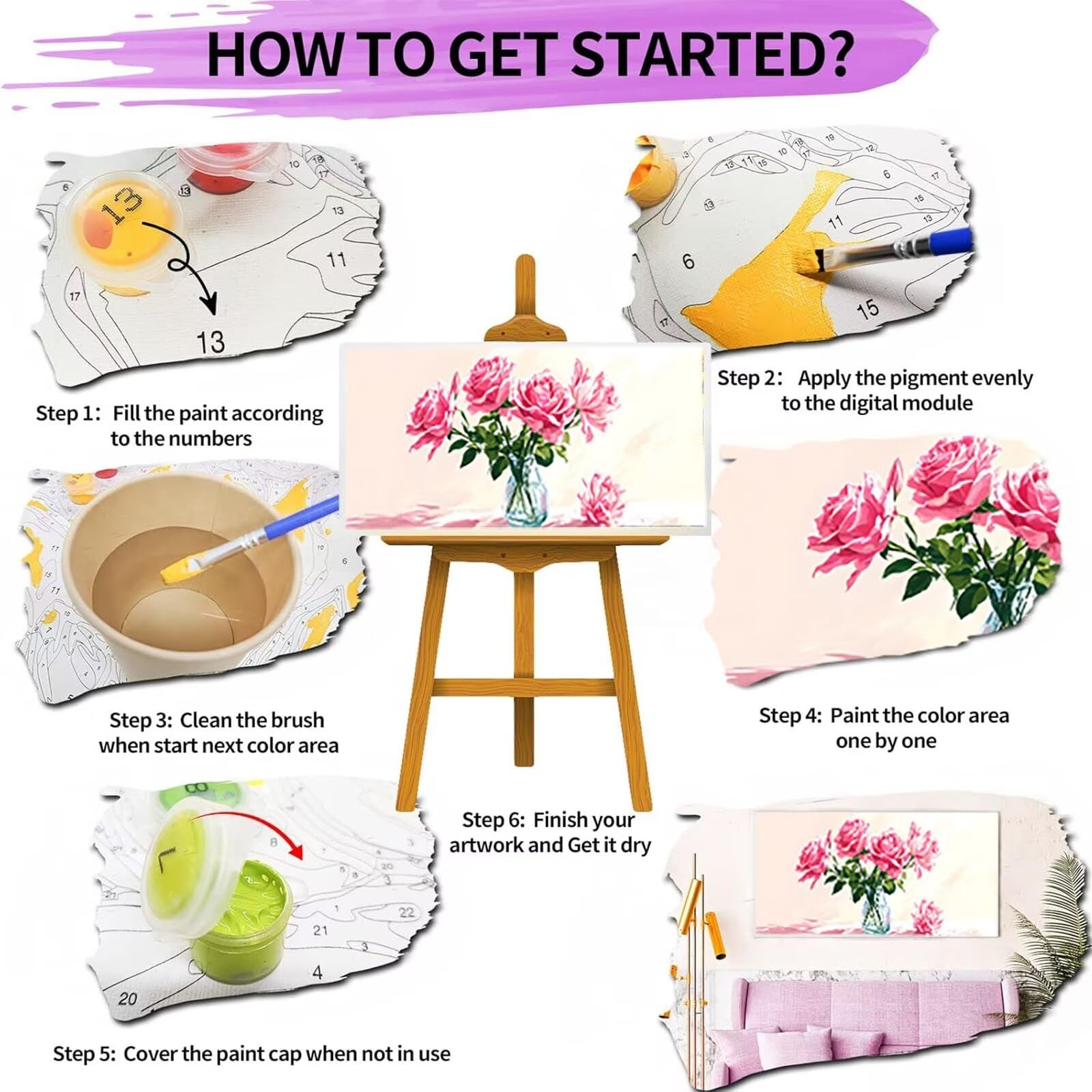 Malen nach Zahlen Kinder Blume, Geschenke für Mädchen Junge, Bastelset Kinder, Malen nach Zahlen Rose | Malen nach Zahlen Ohne Rahmen, für Home Wand Dekor Geschenk (60x120cm) Bastelset Erwachsene 1-X