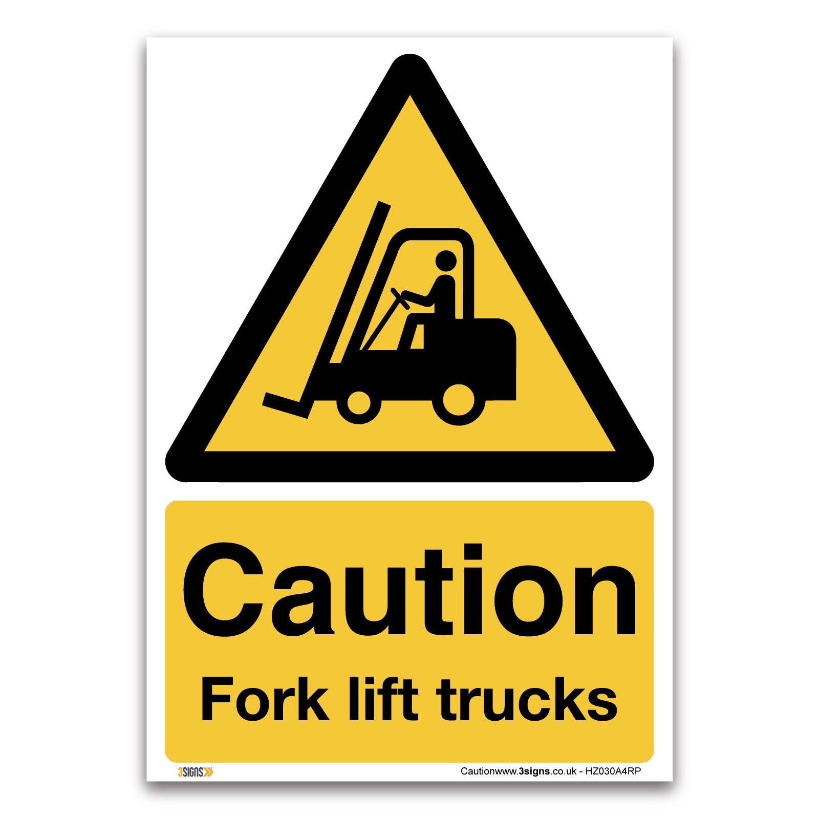 3 Signs Yellow Caution Fork Lift Truck Sign - A4 1Mm Rigid Plastic Sign - Warning Construction Security