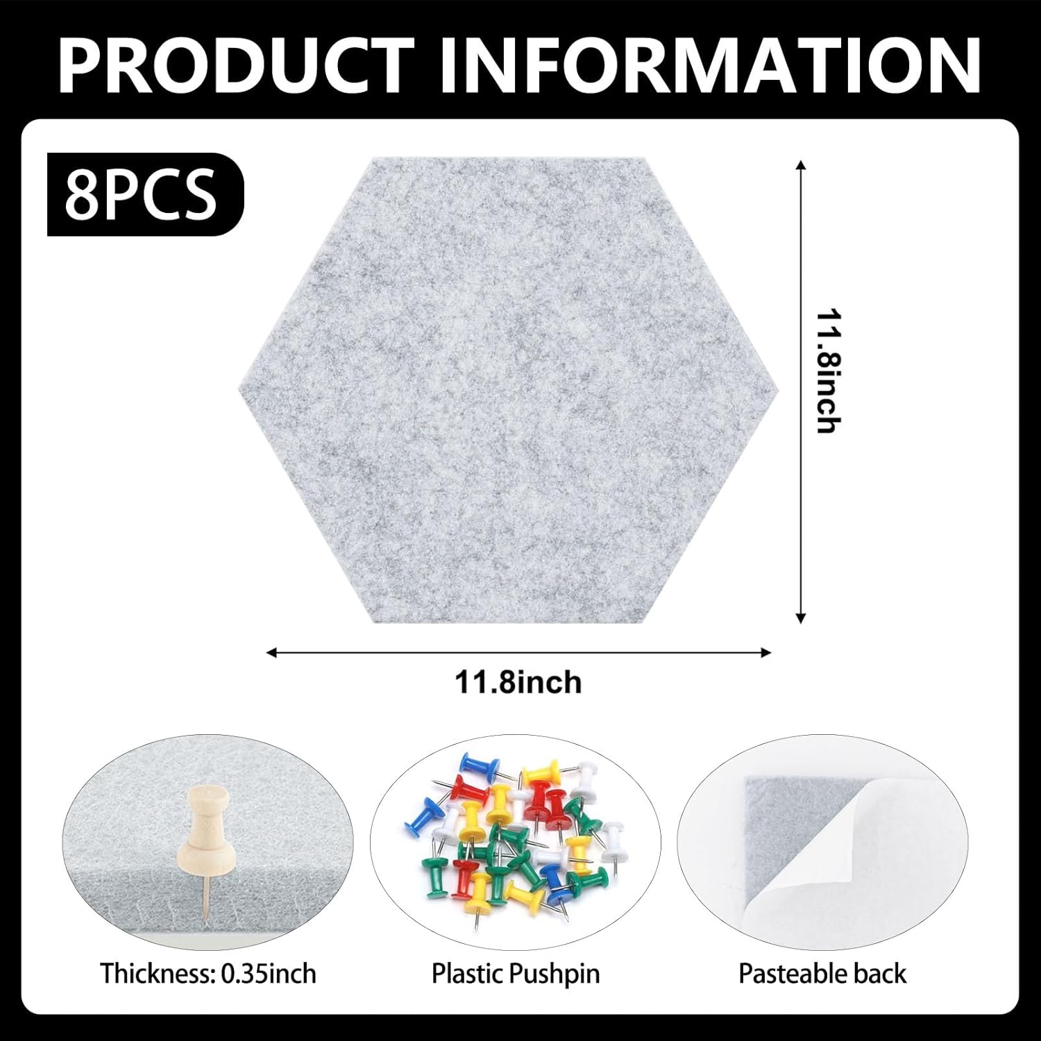 8 Packs Light Grey Hexagon Felt Pin Board, 12" Bulletin Board with 30 Push Pins, Felt Board for Home Kitchen Office Decor, Self-Adhesive Corkboard Tiles for Walls Message Photos Memos Display