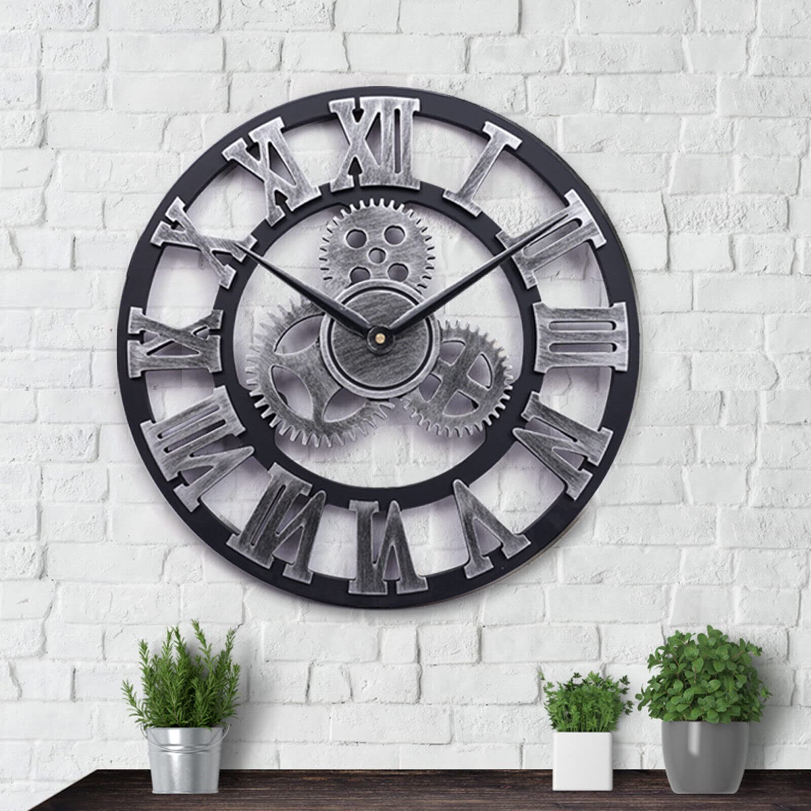 Heaven4you Large Roman Numeral Wall Clock Wood/Metal Open Face Round for Living Room Kitchen Bar Office (Silver, 40cm)