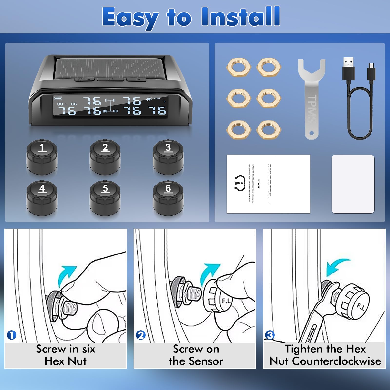 TPMS - Sistema de monitorización de la presión de los neumáticos con carga solar y USB con 6 sensores de presión de neumáticos, 5 modos de alarma, apto para coche, camión, caravana de 0 a 9,9