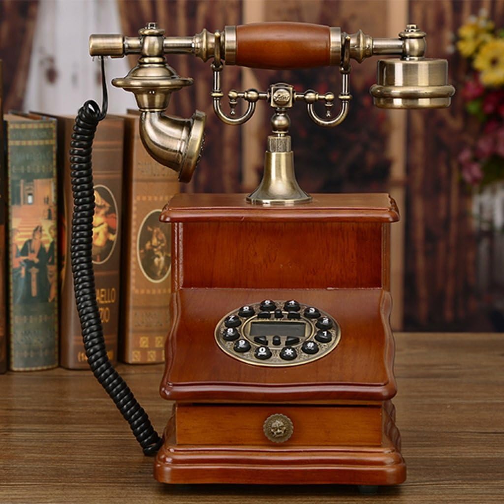 WD Classic Solid Wood Wired Fixed Phone with Rotating Dial and Metal Ringtones