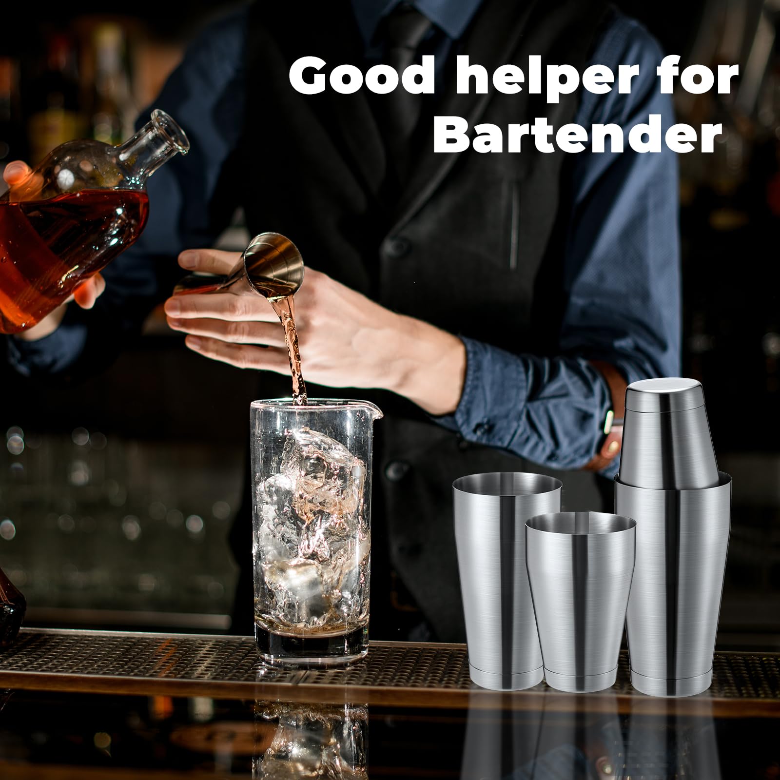 Lallisa Set di 10 shaker per cocktail professionali da bar, in acciaio inox, shaker per Martini, mixer per bevande, strumenti di base per baristi, 510 g, 793,8 g (argento levigato)