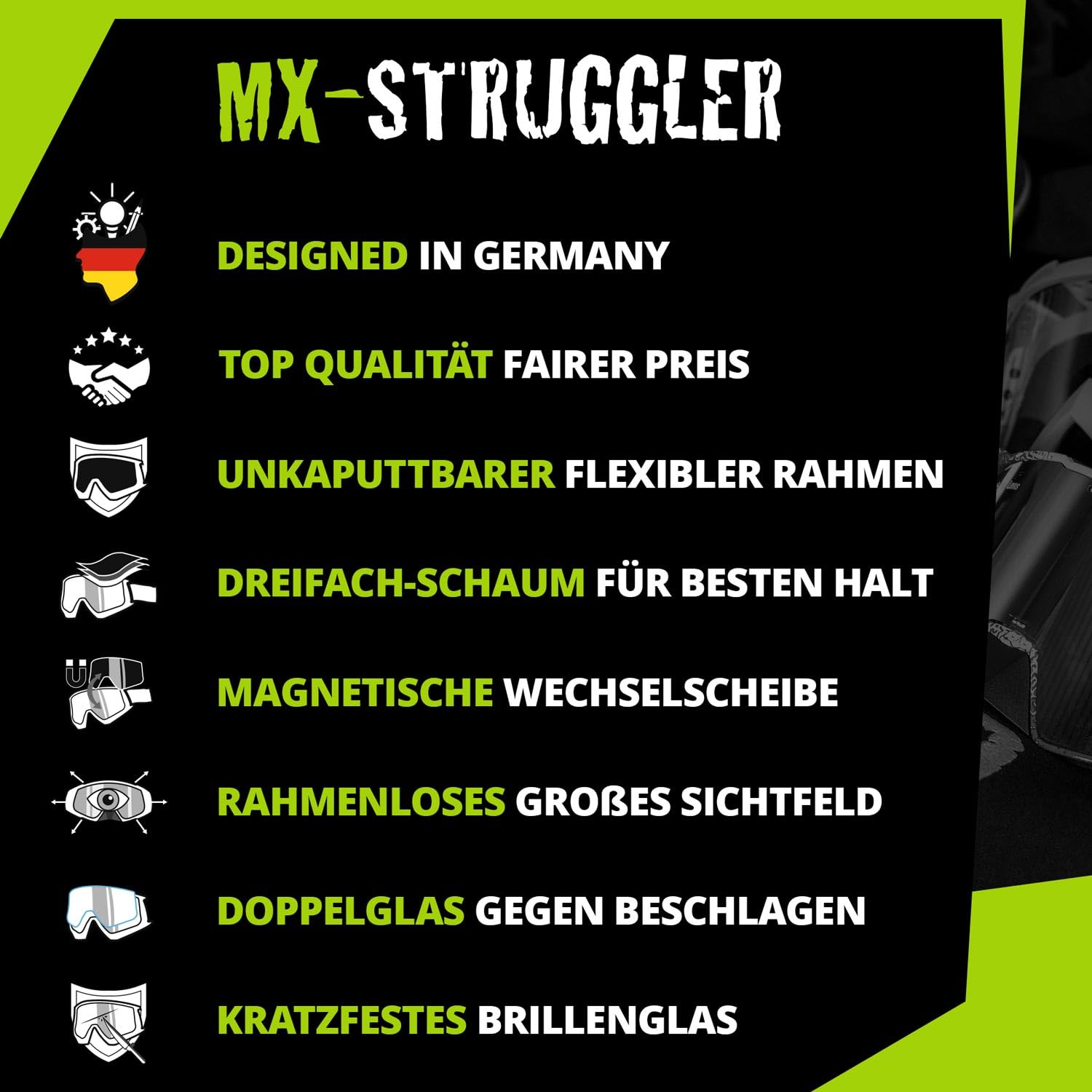 Broken Head MX-Brille Struggler Mit Verspiegeltem Magnet-Glas - Motocross & Supermoto Goggle - Rahmenlose Optik & Großes Sichtfeld