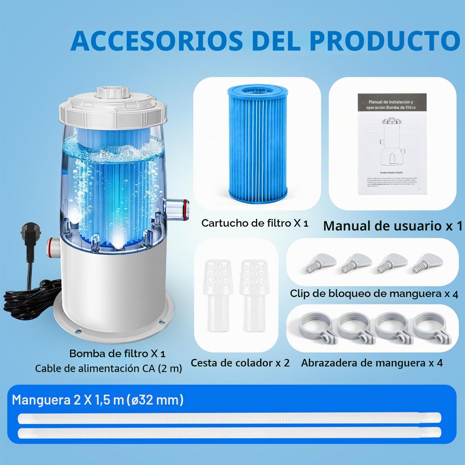Depuradora Piscina Desmontable Bomba Filtro - Kit Completo Filtro Piscina 90W 3785L/H con Cartucho, Fácil Instalación y Bajo Consumo para Piscinas Pequeñas