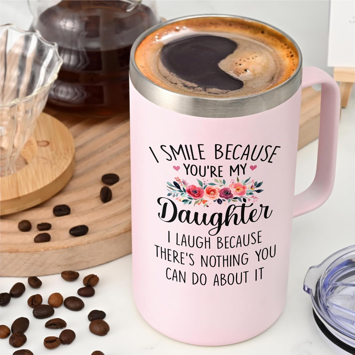Lifecapido Daughter Gifts from Mom, I Smile Because You’re My Daughter 20oz Insulated Coffee Mug with Keychain, Birthday Christmas Gifts for Daughters, Rose Quartz - Image 6