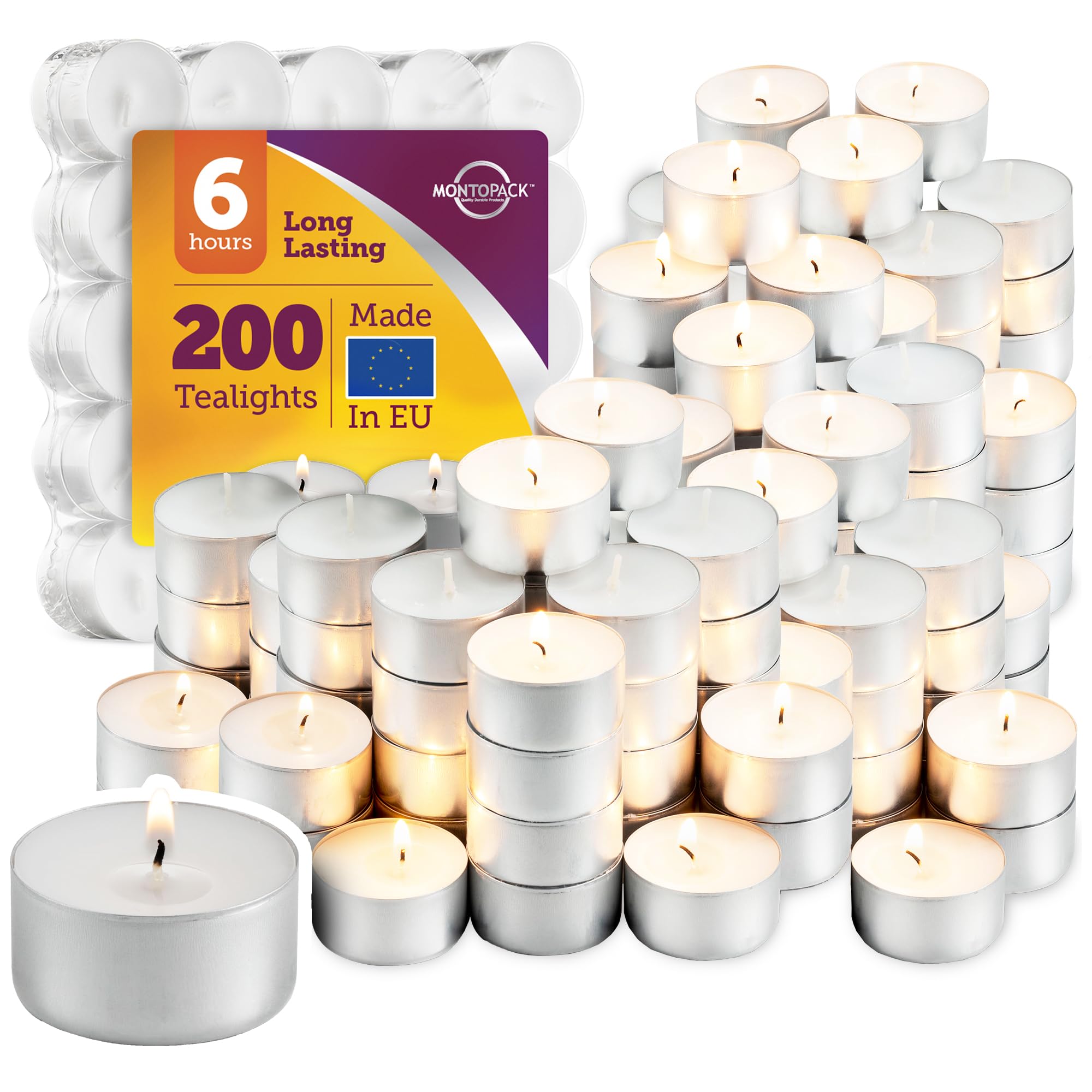 MontoPack Unscented White Tealight Candles Bulk [200] | 6 Hours of Smokeless, Dripless, Long Lasting Burning Paraffin Tea Lights | Small Votive Mini Candles for Home, Shabbat, Weddings & Emergencies