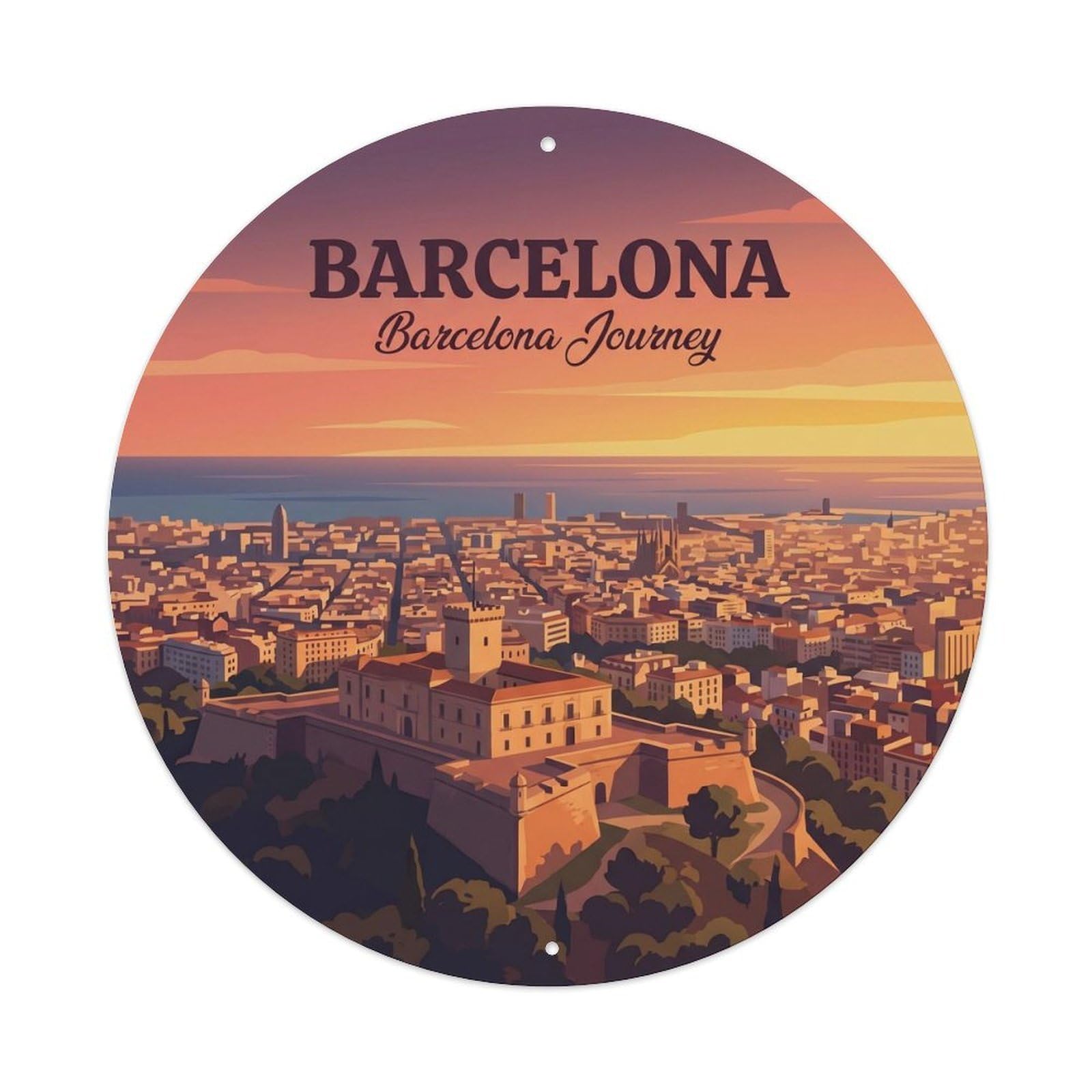 Barcelona Montjuic Castle Sunset Vintage Travel Panorama Metal Tin Sign Plaque Wall Decor for Cafe, Man Cave, Club Bar, Office, Home Garden Round Metal Poster 8x8Inch