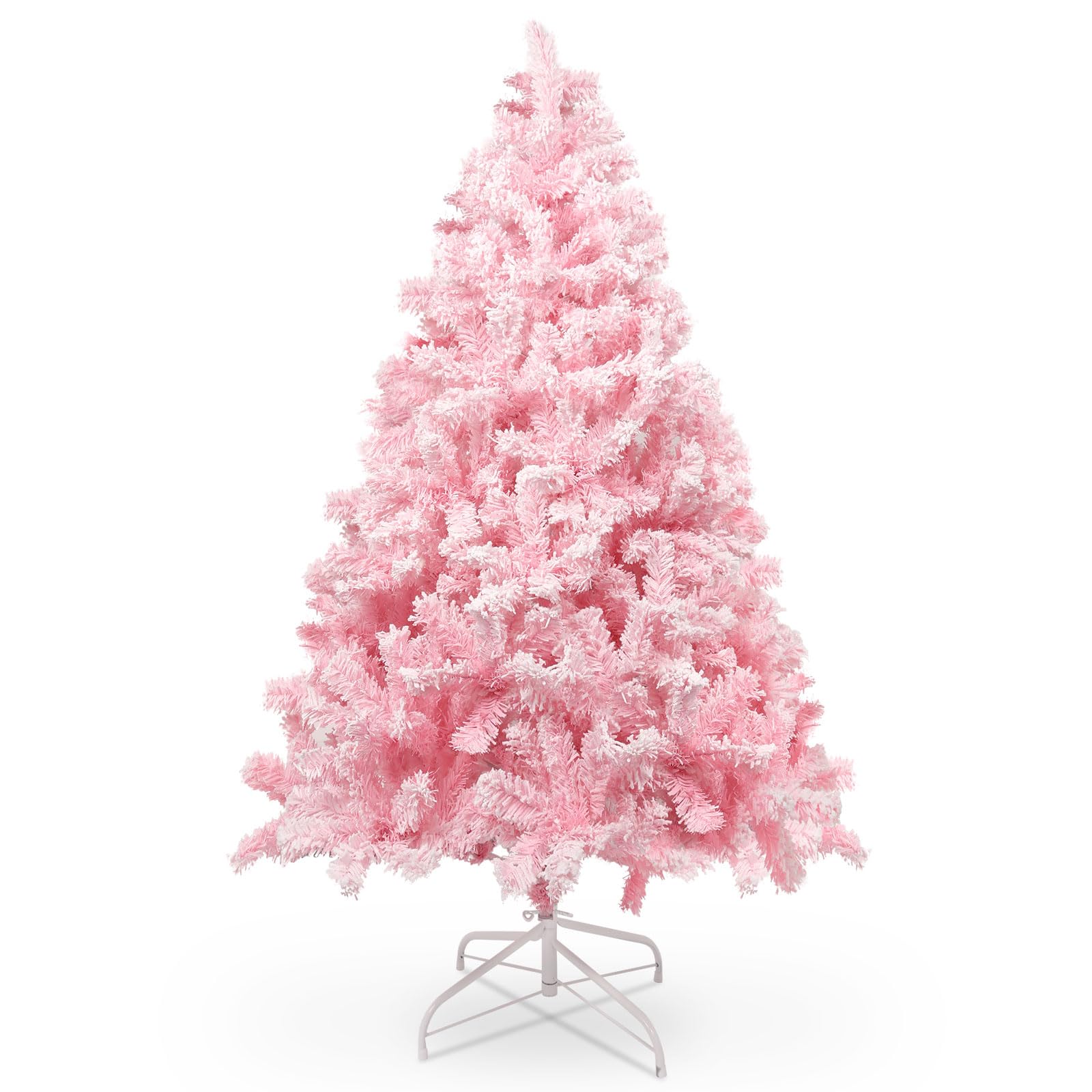 Sapin de Noel Artificiel 150 cm Rose avec Décoration Floquée Dodue avec Flocons de Neige, 600 Feuilles de Pin Pointues en PVC et Base Stable, Sapin de Noël pour Décorations de Noël
