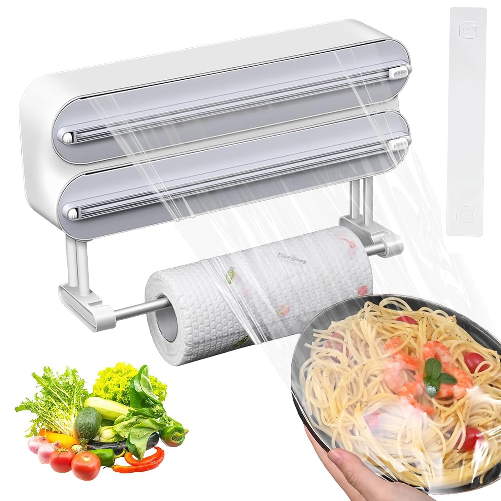 Dispensador de Papel y Película de Aluminio, Portarrollos de Pared para Cocina, Soporte Magnético para Rollos de Cocina, Dispensador Papel Aluminio y Film con Portarrollos Cocina, Gris