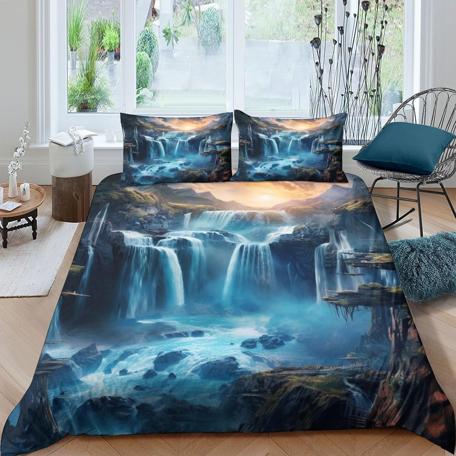 Housse de couette paysage cascade sans repassage, parure microfibre anti-plis
